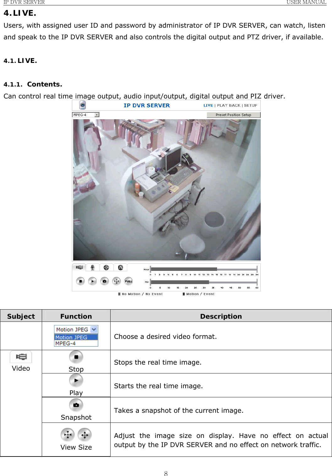 IP DVR SERVER                                                               USER MANUAL  84. LIVE. Users, with assigned user ID and password by administrator of IP DVR SERVER, can watch, listen and speak to the IP DVR SERVER and also controls the digital output and PTZ driver, if available.  4.1. LIVE.  4.1.1. Contents. Can control real time image output, audio input/output, digital output and PIZ driver.   Subject  Function  Description   Choose a desired video format.  Stop Stops the real time image.  Play Starts the real time image.  Snapshot Takes a snapshot of the current image.  Video    View Size Adjust the image size on display. Have no effect on actual output by the IP DVR SERVER and no effect on network traffic. 