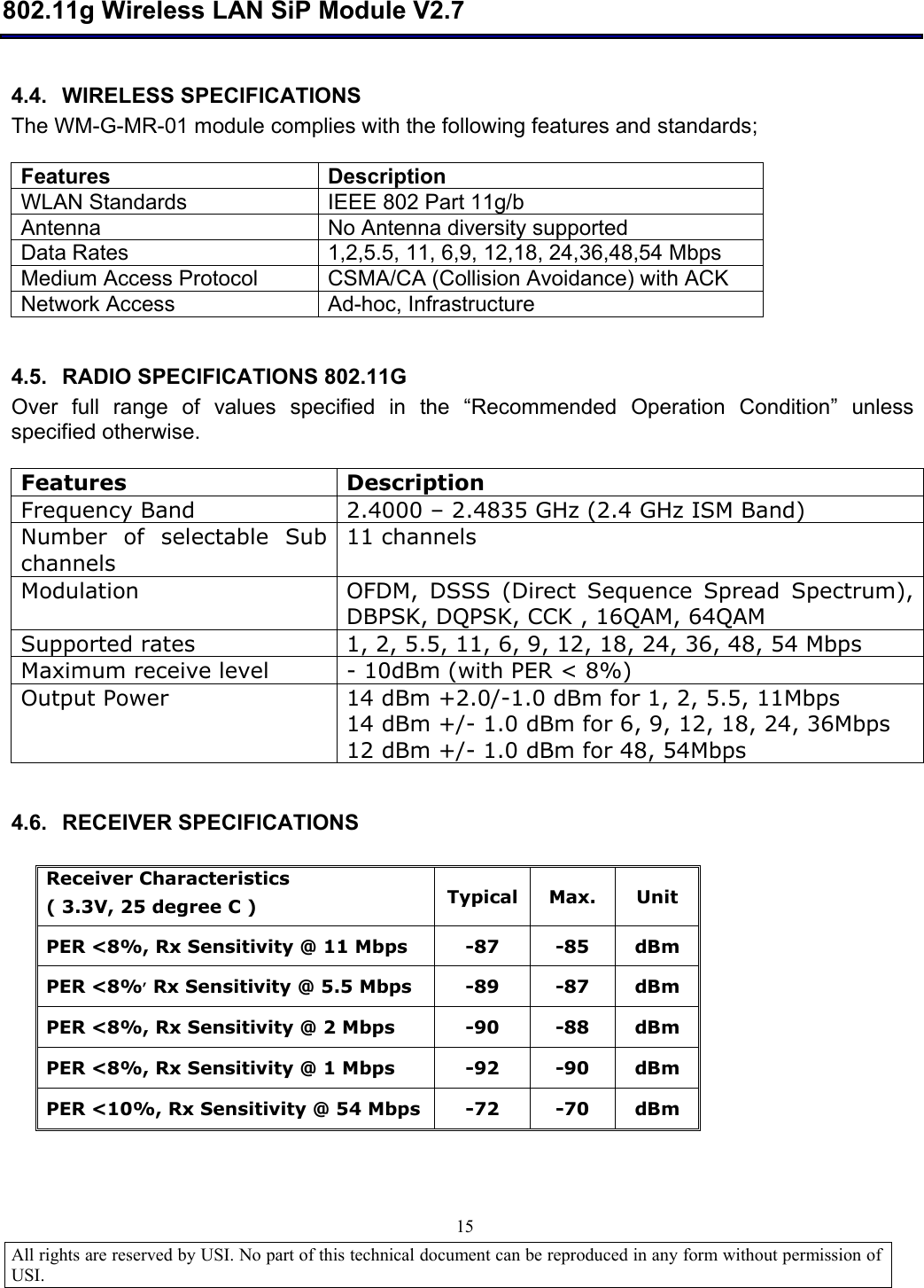  802.11g Wireless LAN SiP Module V2.7  All rights are reserved by USI. No part of this technical document can be reproduced in any form without permission of USI.                                15 4.4. WIRELESS SPECIFICATIONS The WM-G-MR-01 module complies with the following features and standards;  Features  Description WLAN Standards  IEEE 802 Part 11g/b Antenna   No Antenna diversity supported  Data Rates  1,2,5.5, 11, 6,9, 12,18, 24,36,48,54 Mbps  Medium Access Protocol  CSMA/CA (Collision Avoidance) with ACK Network Access  Ad-hoc, Infrastructure  4.5. RADIO SPECIFICATIONS 802.11G Over full range of values specified in the  “Recommended Operation Condition” unless specified otherwise.  Features  Description Frequency Band  2.4000 – 2.4835 GHz (2.4 GHz ISM Band) Number of selectable Sub channels 11 channels  Modulation  OFDM, DSSS (Direct Sequence Spread Spectrum), DBPSK, DQPSK, CCK , 16QAM, 64QAM Supported rates  1, 2, 5.5, 11, 6, 9, 12, 18, 24, 36, 48, 54 Mbps Maximum receive level  - 10dBm (with PER &lt; 8%) Output Power  14 dBm +2.0/-1.0 dBm for 1, 2, 5.5, 11Mbps 14 dBm +/- 1.0 dBm for 6, 9, 12, 18, 24, 36Mbps 12 dBm +/- 1.0 dBm for 48, 54Mbps  4.6. RECEIVER SPECIFICATIONS  Receiver Characteristics ( 3.3V, 25 degree C )  Typical  Max.  Unit PER &lt;8%, Rx Sensitivity @ 11 Mbps -87  -85  dBm PER &lt;8%, Rx Sensitivity @ 5.5 Mbps  -89  -87  dBm PER &lt;8%, Rx Sensitivity @ 2 Mbps  -90  -88  dBm PER &lt;8%, Rx Sensitivity @ 1 Mbps  -92  -90  dBm PER &lt;10%, Rx Sensitivity @ 54 Mbps  -72  -70  dBm   