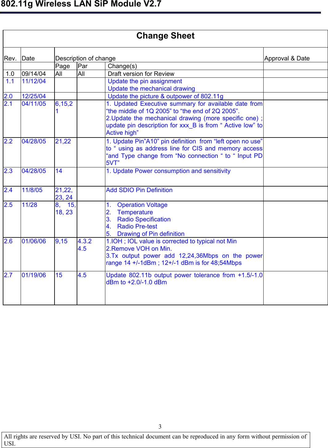  802.11g Wireless LAN SiP Module V2.7  All rights are reserved by USI. No part of this technical document can be reproduced in any form without permission of USI.                                3  Change Sheet  Rev.  Date  Description of change  Approval &amp; Date     Page Par   Change(s)    1.0 09/14/04 All  All   Draft version for Review    1.1 11/12/04      Update the pin assignment   Update the mechanical drawing   2.0  12/25/04      Update the picture &amp; outpower of 802.11g   2.1 04/11/05 6,15,21  1. Updated Executive summary for available date from “the middle of 1Q 2005” to “the end of 2Q 2005”. 2.Update the mechanical drawing (more specific one) ; update pin description for xxx_B is from “ Active low” to Active high”  2.2 04/28/05 21,22   1. Update Pin”A10” pin definition  from “left open no use”  to  “ using as address line for CIS and memory access “and Type change from  “No connection “ to  “ Input PD 5VT”  2.3 04/28/05 14    1. Update Power consumption and sensitivity   2.4 11/8/05  21,22,23, 24   Add SDIO Pin Definition   2.5 11/28  8, 15, 18, 23   1. Operation Voltage 2. Temperature 3. Radio Specification 4. Radio Pre-test 5. Drawing of Pin definition  2.6 01/06/06 9,15 4.3.2 4.5 1.IOH ; IOL value is corrected to typical not Min 2.Remove VOH on Min. 3.Tx output power add 12,24,36Mbps on the power range 14 +/-1dBm ; 12+/-1 dBm is for 48;54Mbps  2.7 01/19/06 15  4.5  Update 802.11b output power tolerance from +1.5/-1.0 dBm to +2.0/-1.0 dBm  