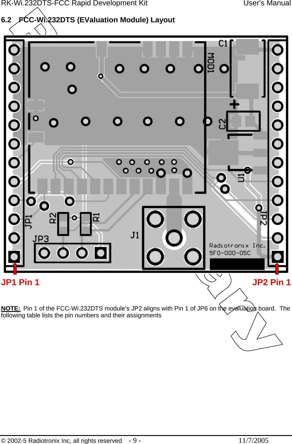 RK-Wi.232DTS-FCC Rapid Development Kit  User’s Manual 6.2 FCC-Wi.232DTS (EValuation Module) Layout   JP1 Pin 1  JP2 Pin 1 NOTE:  Pin 1 of the FCC-Wi.232DTS module’s JP2 aligns with Pin 1 of JP6 on the evaluation board.  The following table lists the pin numbers and their assignments  © 2002-5 Radiotronix Inc, all rights reserved  - 9 -  11/7/2005 