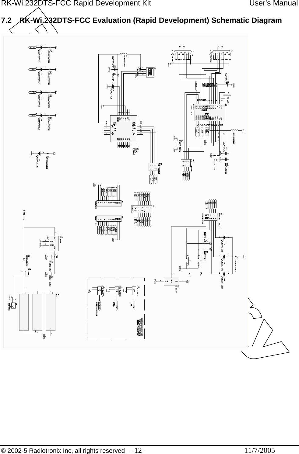 RK-Wi.232DTS-FCC Rapid Development Kit  User’s Manual 7.2  RK-Wi.232DTS-FCC Evaluation (Rapid Development) Schematic Diagram       © 2002-5 Radiotronix Inc, all rights reserved  - 12 -  11/7/2005 