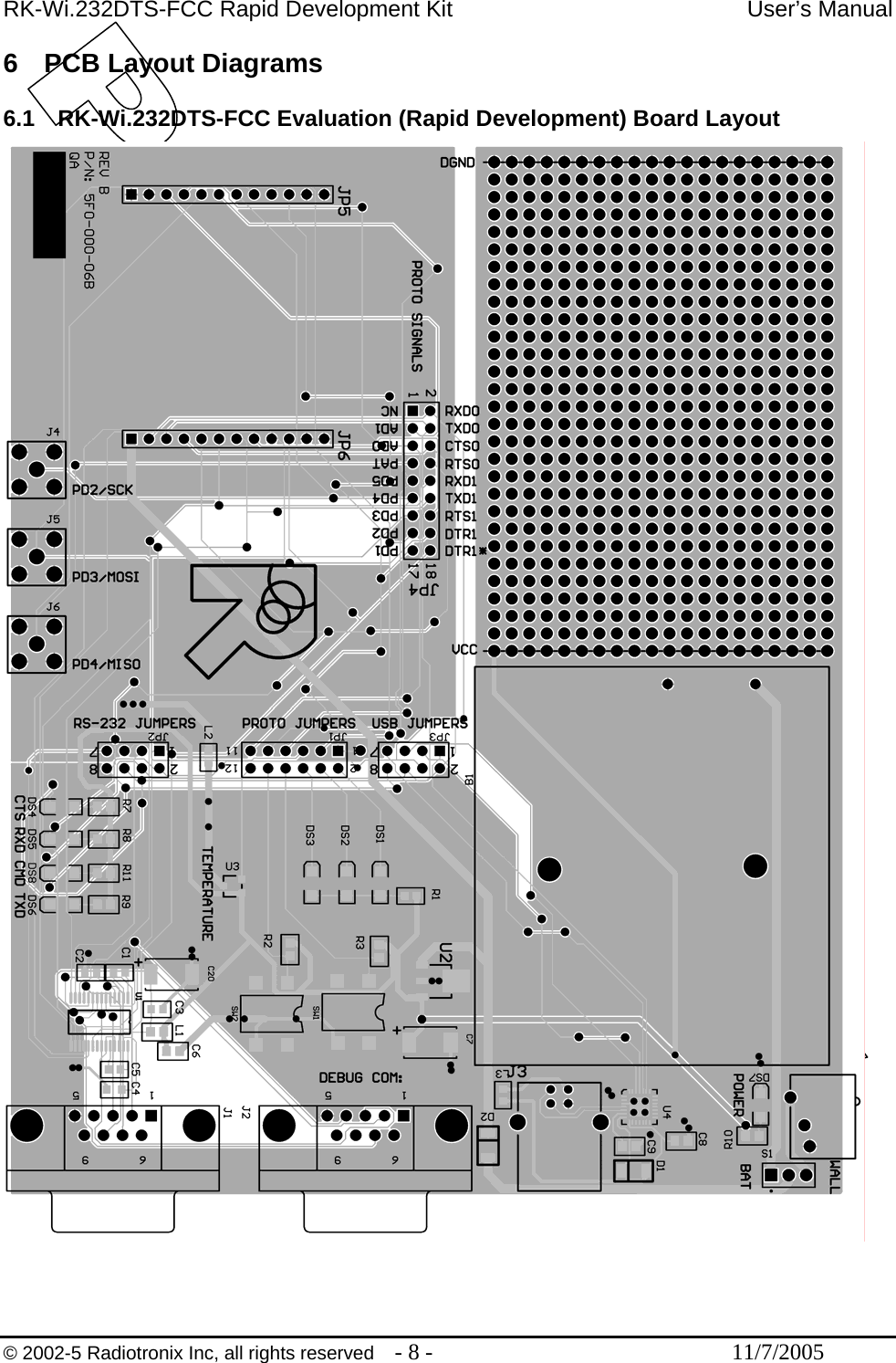 RK-Wi.232DTS-FCC Rapid Development Kit  User’s Manual 6  PCB Layout Diagrams  6.1  RK-Wi.232DTS-FCC Evaluation (Rapid Development) Board Layout   © 2002-5 Radiotronix Inc, all rights reserved  - 8 -  11/7/2005 