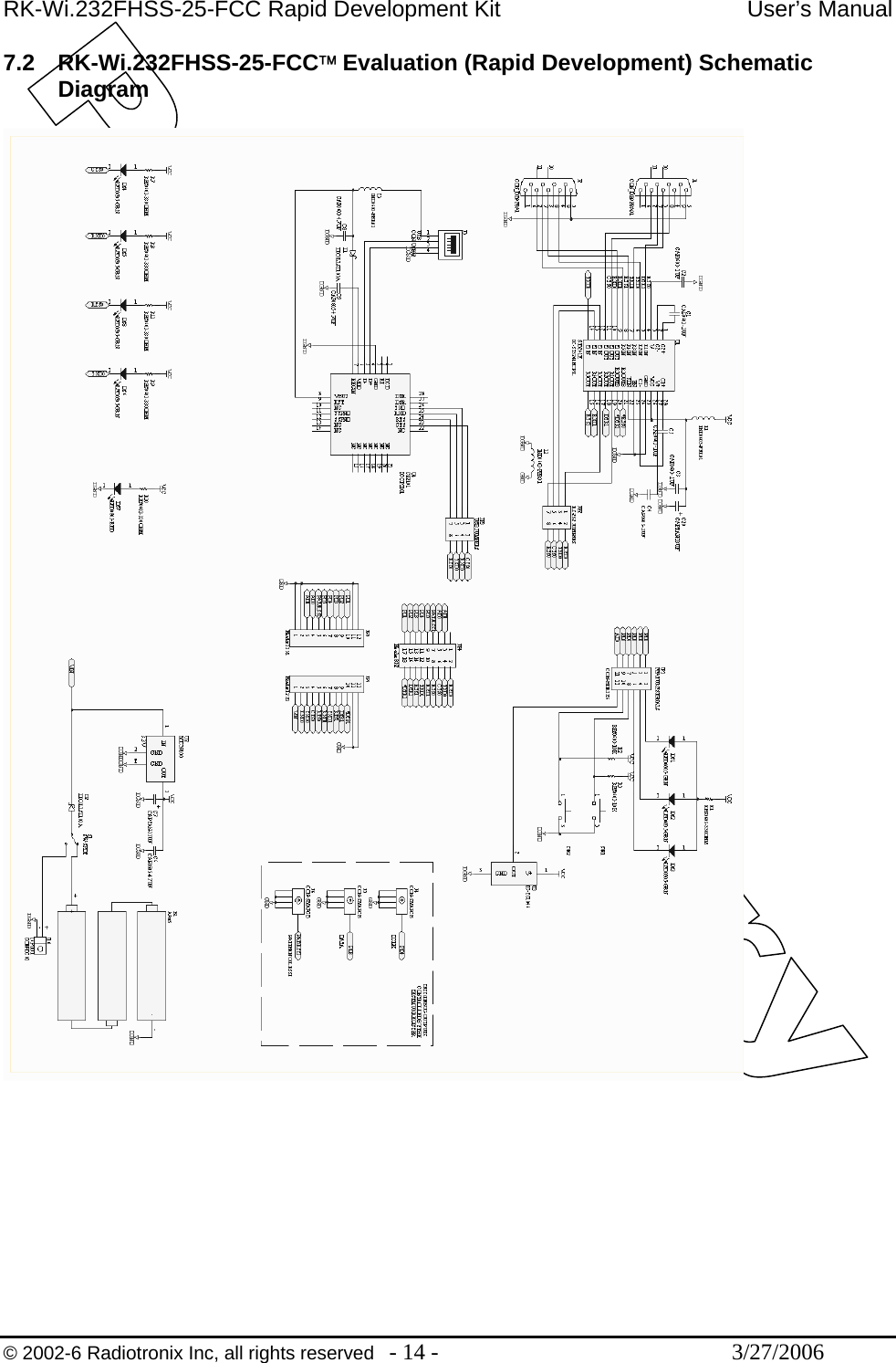 RK-Wi.232FHSS-25-FCC Rapid Development Kit  User’s Manual  © 2002-6 Radiotronix Inc, all rights reserved  - 14 -  3/27/2006 7.2 RK-Wi.232FHSS-25-FCC™ Evaluation (Rapid Development) Schematic Diagram      