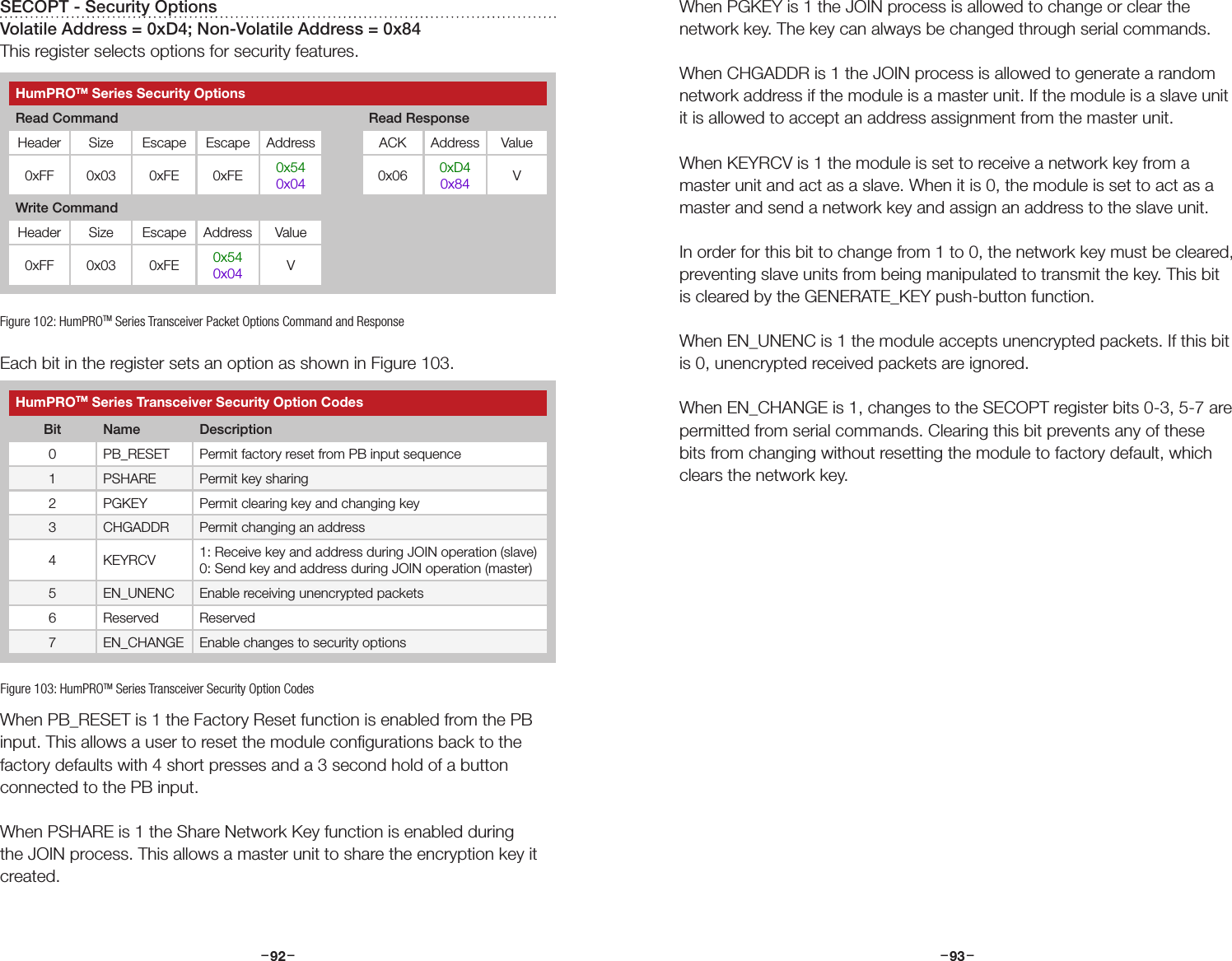 –     – –     –92 93SECOPT - Security OptionsVolatile Address = 0xD4; Non-Volatile Address = 0x84This register selects options for security features.Each bit in the register sets an option as shown in Figure 103.When PB_RESET is 1 the Factory Reset function is enabled from the PB input. This allows a user to reset the module conﬁgurations back to the factory defaults with 4 short presses and a 3 second hold of a button connected to the PB input.When PSHARE is 1 the Share Network Key function is enabled during the JOIN process. This allows a master unit to share the encryption key it created.Figure 102: HumPROTM Series Transceiver Packet Options Command and ResponseHumPROTM Series Security OptionsRead Command Read ResponseHeader Size Escape Escape Address ACK Address Value0xFF 0x03 0xFE 0xFE 0x540x04 0x06 0xD40x84 VWrite CommandHeader Size Escape Address Value0xFF 0x03 0xFE 0x540x04 VHumPROTM Series Transceiver Security Option CodesBit Name Description0 PB_RESET Permit factory reset from PB input sequence1 PSHARE Permit key sharing2 PGKEY Permit clearing key and changing key3 CHGADDR Permit changing an address4 KEYRCV 1: Receive key and address during JOIN operation (slave)0: Send key and address during JOIN operation (master)5 EN_UNENC Enable receiving unencrypted packets6 Reserved Reserved7 EN_CHANGE Enable changes to security optionsFigure 103: HumPROTM Series Transceiver Security Option CodesWhen PGKEY is 1 the JOIN process is allowed to change or clear the network key. The key can always be changed through serial commands.When CHGADDR is 1 the JOIN process is allowed to generate a random network address if the module is a master unit. If the module is a slave unit it is allowed to accept an address assignment from the master unit.When KEYRCV is 1 the module is set to receive a network key from a master unit and act as a slave. When it is 0, the module is set to act as a master and send a network key and assign an address to the slave unit.In order for this bit to change from 1 to 0, the network key must be cleared, preventing slave units from being manipulated to transmit the key. This bit is cleared by the GENERATE_KEY push-button function.When EN_UNENC is 1 the module accepts unencrypted packets. If this bit is 0, unencrypted received packets are ignored.When EN_CHANGE is 1, changes to the SECOPT register bits 0-3, 5-7 are permitted from serial commands. Clearing this bit prevents any of these bits from changing without resetting the module to factory default, which clears the network key.