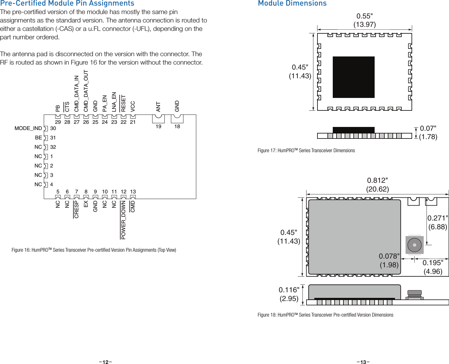 –     – –     –12 13Pre-Certied Module Pin AssignmentsThe pre-certiﬁed version of the module has mostly the same pin assignments as the standard version. The antenna connection is routed to either a castellation (-CAS) or a u.FL connector (-UFL), depending on the part number ordered. The antenna pad is disconnected on the version with the connector. The RF is routed as shown in Figure 16 for the version without the connector.303132123419 185678 9 10 11 12 1329 28 27 26 25 24 23 22 21ANTGNDBEMODE_INDNCNCNCNCNCNCNCCRESPEXNCNCGNDCMDPOWER_DOWNCTSPBCMD_DATA_INCMD_DATA_OUTLNA_ENPA_ENGNDVCCRESET0.45&quot;(11.43)0.812&quot;(20.62)0.116&quot;(2.95)0.271&quot;(6.88)0.195&quot;(4.96)0.078&quot;(1.98)Figure 16: HumPROTM Series Transceiver Pre-certiﬁed Version Pin Assignments (Top View)Module DimensionsFigure 17: HumPROTM Series Transceiver Dimensions0.45&quot;(11.43)0.55&quot;(13.97)0.07&quot;(1.78)Figure 18: HumPROTM Series Transceiver Pre-certiﬁed Version Dimensions