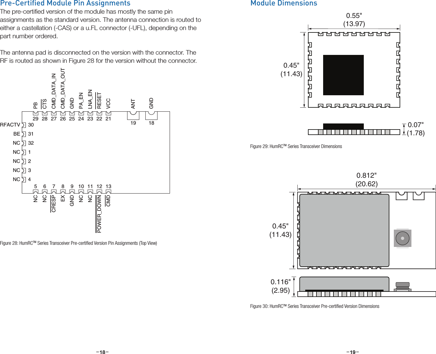 –     – –     –18 19Pre-Certied Module Pin AssignmentsThe pre-certiﬁed version of the module has mostly the same pin assignments as the standard version. The antenna connection is routed to either a castellation (-CAS) or a u.FL connector (-UFL), depending on the part number ordered. The antenna pad is disconnected on the version with the connector. The RF is routed as shown in Figure 28 for the version without the connector.303132123419 1856789 10 11 12 1329 28 27 26 25 24 23 22 21ANTGNDBERFACTVNCNCNCNCNCNCNCCRESPEXNCNCGNDCMDPOWER_DOWNCTSPBCMD_DATA_INCMD_DATA_OUTLNA_ENPA_ENGNDVCCRESET0.45&quot;(11.43)0.812&quot;(20.62)0.116&quot;(2.95)Figure 28: HumRCTM Series Transceiver Pre-certiﬁed Version Pin Assignments (Top View)Module DimensionsFigure 29: HumRCTM Series Transceiver Dimensions0.45&quot;(11.43)0.55&quot;(13.97)0.07&quot;(1.78)Figure 30: HumRCTM Series Transceiver Pre-certiﬁed Version Dimensions