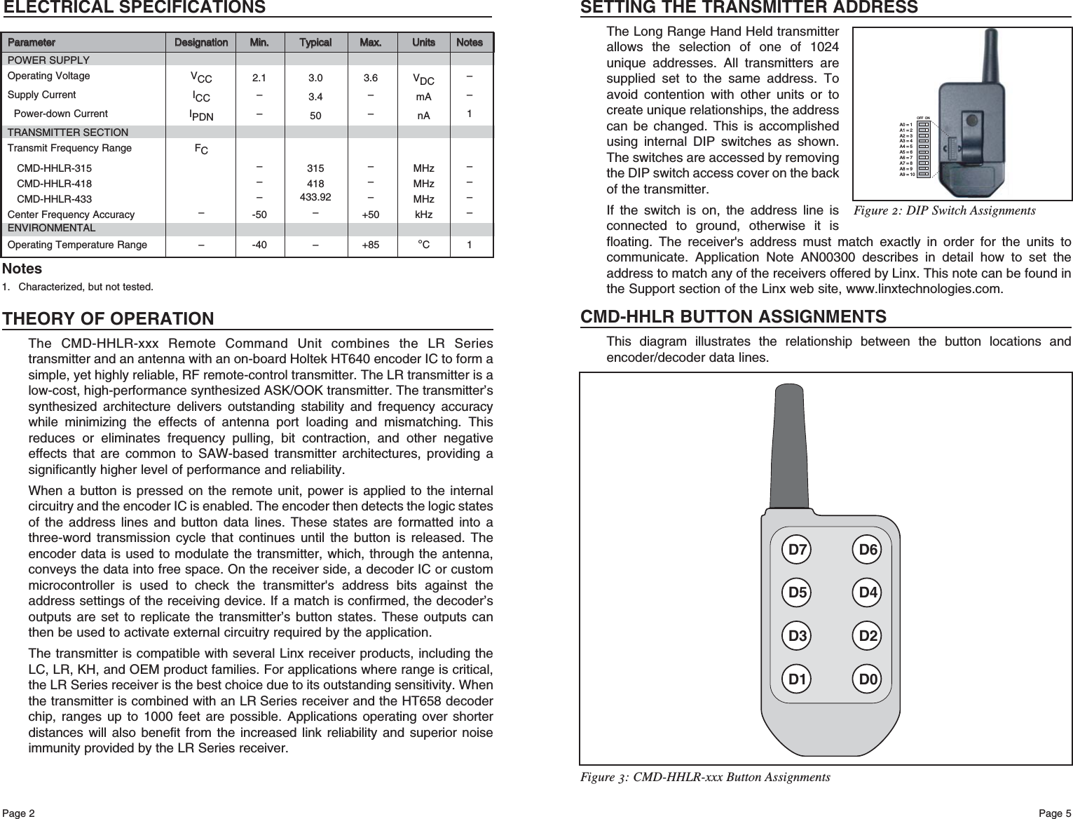 Page 5Page 2SETTING THE TRANSMITTER ADDRESSThe Long Range Hand Held transmitterallows the selection of one of 1024unique addresses. All transmitters aresupplied set to the same address. Toavoid contention with other units or tocreate unique relationships, the addresscan be changed. This is accomplishedusing internal DIP switches as shown.The switches are accessed by removingthe DIP switch access cover on the backof the transmitter.If the switch is on, the address line isconnected to ground, otherwise it isfloating. The receiver&apos;s address must match exactly in order for the units tocommunicate. Application Note AN00300 describes in detail how to set theaddress to match any of the receivers offered by Linx. This note can be found inthe Support section of the Linx web site, www.linxtechnologies.com.CMD-HHLR BUTTON ASSIGNMENTSThis diagram illustrates the relationship between the button locations andencoder/decoder data lines.D7 D6D5 D4D3 D2D1 D0Figure 3: CMD-HHLR-xxx Button AssignmentsELECTRICAL SPECIFICATIONSPPaarraammeetteerrDDeessiiggnnaattiioonnMMiinn..TTyyppiiccaallMMaaxx..UUnniittssNNootteessPOWER SUPPLYOperating Voltage VCC 2.1 3.0 3.6 VDC –Supply Current ICC –3.4 –mA –Power-down Current IPDN –50 –nA 1TRANSMITTER SECTIONTransmit Frequency Range FCCMD-HHLR-315 –315 –MHz –CMD-HHLR-418 –418 –MHz –CMD-HHLR-433 – 433.92 – MHz –Center Frequency Accuracy –-50 –+50 kHz –ENVIRONMENTALOperating Temperature Range – -40 – +85 °C11. Characterized, but not tested.NotesOFF  ONA0 = 1A1 = 2A2 = 3A3 = 4A4 = 5A5 = 6A6 = 7A7 = 8A8 = 9A9 = 10Figure 2: DIP Switch AssignmentsTHEORY OF OPERATIONThe CMD-HHLR-xxx Remote Command Unit combines the LR Seriestransmitter and an antenna with an on-board Holtek HT640 encoder IC to form asimple, yet highly reliable, RF remote-control transmitter. The LR transmitter is alow-cost, high-performance synthesized ASK/OOK transmitter. The transmitter’ssynthesized architecture delivers outstanding stability and frequency accuracywhile minimizing the effects of antenna port loading and mismatching. Thisreduces or eliminates frequency pulling, bit contraction, and other negativeeffects that are common to SAW-based transmitter architectures, providing asignificantly higher level of performance and reliability.When a button is pressed on the remote unit, power is applied to the internalcircuitry and the encoder IC is enabled. The encoder then detects the logic statesof the address lines and button data lines. These states are formatted into athree-word transmission cycle that continues until the button is released. Theencoder data is used to modulate the transmitter, which, through the antenna,conveys the data into free space. On the receiver side, a decoder IC or custommicrocontroller is used to check the transmitter&apos;s address bits against theaddress settings of the receiving device. If a match is confirmed, the decoder’soutputs are set to replicate the transmitter’s button states. These outputs canthen be used to activate external circuitry required by the application.The transmitter is compatible with several Linx receiver products, including theLC, LR, KH, and OEM product families. For applications where range is critical,the LR Series receiver is the best choice due to its outstanding sensitivity. Whenthe transmitter is combined with an LR Series receiver and the HT658 decoderchip, ranges up to 1000 feet are possible. Applications operating over shorterdistances will also benefit from the increased link reliability and superior noiseimmunity provided by the LR Series receiver.