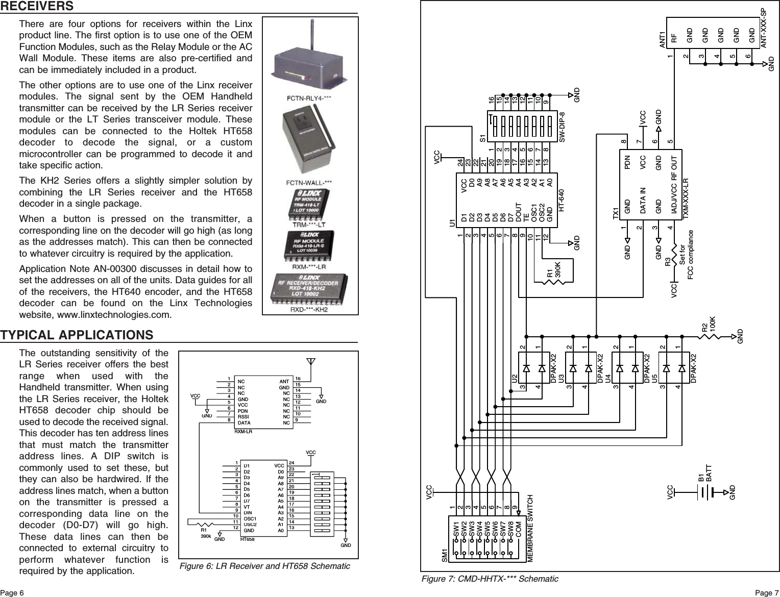 Page 7Page 6Figure 7: CMD-HHTX-*** SchematicRECEIVERSThere are four options for receivers within the Linxproduct line. The first option is to use one of the OEMFunction Modules, such as the Relay Module or the ACWall Module. These items are also pre-certified andcan be immediately included in a product.The other options are to use one of the Linx receivermodules. The signal sent by the OEM Handheldtransmitter can be received by the LR Series receivermodule or the LT Series transceiver module. Thesemodules can be connected to the Holtek HT658decoder to decode the signal, or a custommicrocontroller can be programmed to decode it andtake specific action.The KH2 Series offers a slightly simpler solution bycombining the LR Series receiver and the HT658decoder in a single package.When a button is pressed on the transmitter, acorresponding line on the decoder will go high (as longas the addresses match). This can then be connectedto whatever circuitry is required by the application.Application Note AN-00300 discusses in detail how toset the addresses on all of the units. Data guides for allof the receivers, the HT640 encoder, and the HT658decoder can be found on the Linx Technologieswebsite, www.linxtechnologies.com.TYPICAL APPLICATIONSThe outstanding sensitivity of theLR Series receiver offers the bestrange when used with theHandheld transmitter. When usingthe LR Series receiver, the HoltekHT658 decoder chip should beused to decode the received signal.This decoder has ten address linesthat must match the transmitteraddress lines. A DIP switch iscommonly used to set these, butthey can also be hardwired. If theaddress lines match, when a buttonon the transmitter is pressed acorresponding data line on thedecoder (D0-D7) will go high.These data lines can then beconnected to external circuitry toperform whatever function isrequired by the application.GNDR1390kGNDGNDVCCVCCD11D22D33D44D55D66D77VT8DIN9OSC110OSC211GND12A013A114A215A316A417A518A619A720A821A922D023VCC24HT658NC1NC2NC3GND4VCC5PDN6RSSI7DATA8NC9NC10NC11NC12NC13NC14GND15ANT16RXM-LRGNDFigure 6: LR Receiver and HT658 SchematicMEMBRANE SWITCHVCCVCCR1390KRF1GND2GND3GND4GND5GND6ANT1ANT-XXX-SPR2100KD11D22D33D44D55D66D77DOUT8TE9OSC110OSC211GND12 A0 13A1 14A2 15A3 16A4 17A5 18A6 19A7 20A8 21A9 22D0 23VCC 24U1HT-640VCCGNDGNDGNDGNDGNDVCCGNDR3GNDGNDVCCSW1 1SW2 2SW3 3SW4 4SW5 5SW6 6SW7 7SW8 8COM 9SM11234U2DPAK-X21234U3DPAK-X21234U4DPAK-X21234U5DPAK-X2GND1DATA IN2GND3IADJ/VCC4RF OUT 5GND 6VCC 7PDN 8TX1TXM-XXX-LR12345678161514131211109S1SW-DIP-8B1BATTSet forFCC compliance