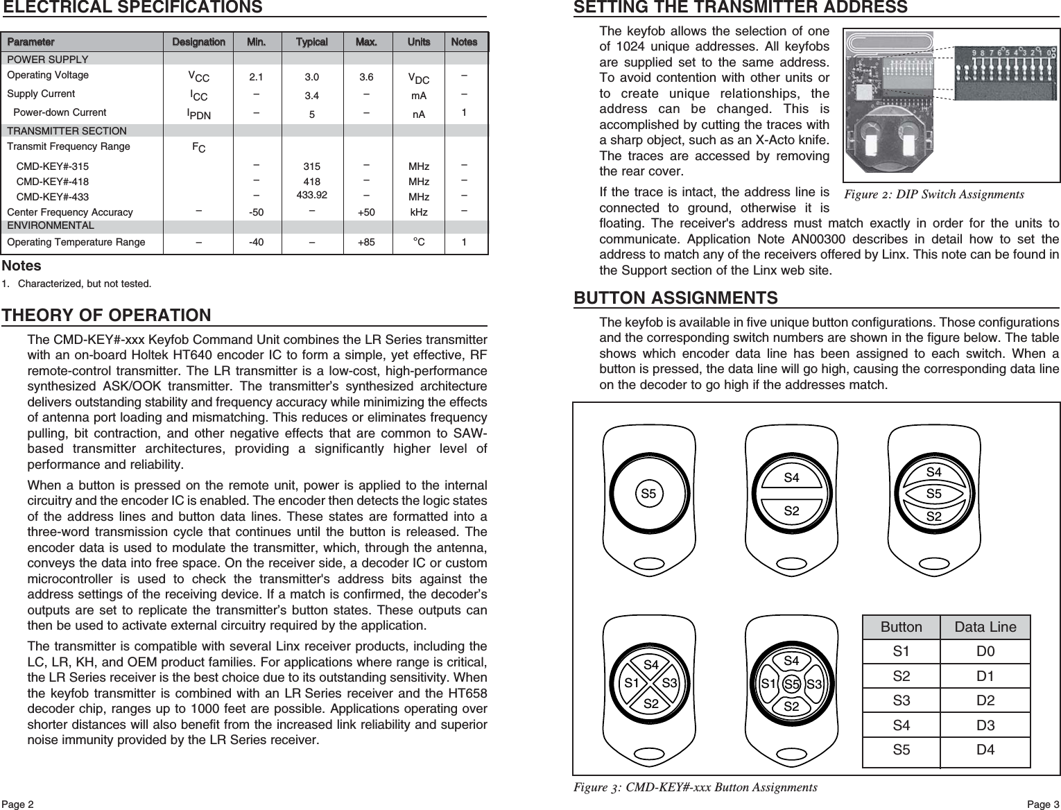 Page 3Page 2THEORY OF OPERATIONThe CMD-KEY#-xxx Keyfob Command Unit combines the LR Series transmitterwith an on-board Holtek HT640 encoder IC to form a simple, yet effective, RFremote-control transmitter. The LR transmitter is a low-cost, high-performancesynthesized ASK/OOK transmitter. The transmitter’s synthesized architecturedelivers outstanding stability and frequency accuracy while minimizing the effectsof antenna port loading and mismatching. This reduces or eliminates frequencypulling, bit contraction, and other negative effects that are common to SAW-based transmitter architectures, providing a significantly higher level ofperformance and reliability.When a button is pressed on the remote unit, power is applied to the internalcircuitry and the encoder IC is enabled. The encoder then detects the logic statesof the address lines and button data lines. These states are formatted into athree-word transmission cycle that continues until the button is released. Theencoder data is used to modulate the transmitter, which, through the antenna,conveys the data into free space. On the receiver side, a decoder IC or custommicrocontroller is used to check the transmitter&apos;s address bits against theaddress settings of the receiving device. If a match is confirmed, the decoder’soutputs are set to replicate the transmitter’s button states. These outputs canthen be used to activate external circuitry required by the application.The transmitter is compatible with several Linx receiver products, including theLC, LR, KH, and OEM product families. For applications where range is critical,the LR Series receiver is the best choice due to its outstanding sensitivity. Whenthe keyfob transmitter is combined with an LR Series receiver and the HT658decoder chip, ranges up to 1000 feet are possible. Applications operating overshorter distances will also benefit from the increased link reliability and superiornoise immunity provided by the LR Series receiver.SETTING THE TRANSMITTER ADDRESSThe keyfob allows the selection of oneof 1024 unique addresses. All keyfobsare supplied set to the same address.To avoid contention with other units orto create unique relationships, theaddress can be changed. This isaccomplished by cutting the traces witha sharp object, such as an X-Acto knife.The traces are accessed by removingthe rear cover.If the trace is intact, the address line isconnected to ground, otherwise it isfloating. The receiver&apos;s address must match exactly in order for the units tocommunicate. Application Note AN00300 describes in detail how to set theaddress to match any of the receivers offered by Linx. This note can be found inthe Support section of the Linx web site.BUTTON ASSIGNMENTSThe keyfob is available in five unique button configurations. Those configurationsand the corresponding switch numbers are shown in the figure below. The tableshows which encoder data line has been assigned to each switch. When abutton is pressed, the data line will go high, causing the corresponding data lineon the decoder to go high if the addresses match.S4S2S1 S3S5S5S2S5S4S4S2S4S1 S3S2Figure 3: CMD-KEY#-xxx Button AssignmentsFigure 2: DIP Switch AssignmentsButton Data LineS1 D0S2 D1S3 D2S4 D3S5 D4ELECTRICAL SPECIFICATIONSPPaarraammeetteerrDDeessiiggnnaattiioonnMMiinn..TTyyppiiccaallMMaaxx..UUnniittssNNootteessPOWER SUPPLYOperating Voltage VCC 2.1 3.0 3.6 VDC –Supply Current ICC –3.4 –mA –Power-down Current IPDN –5–nA 1TRANSMITTER SECTIONTransmit Frequency Range FCCMD-KEY#-315 –315 –MHz –CMD-KEY#-418 –418 –MHz –CMD-KEY#-433 – 433.92 – MHz –Center Frequency Accuracy –-50 –+50 kHz –ENVIRONMENTALOperating Temperature Range – -40 – +85 °C11. Characterized, but not tested.Notes