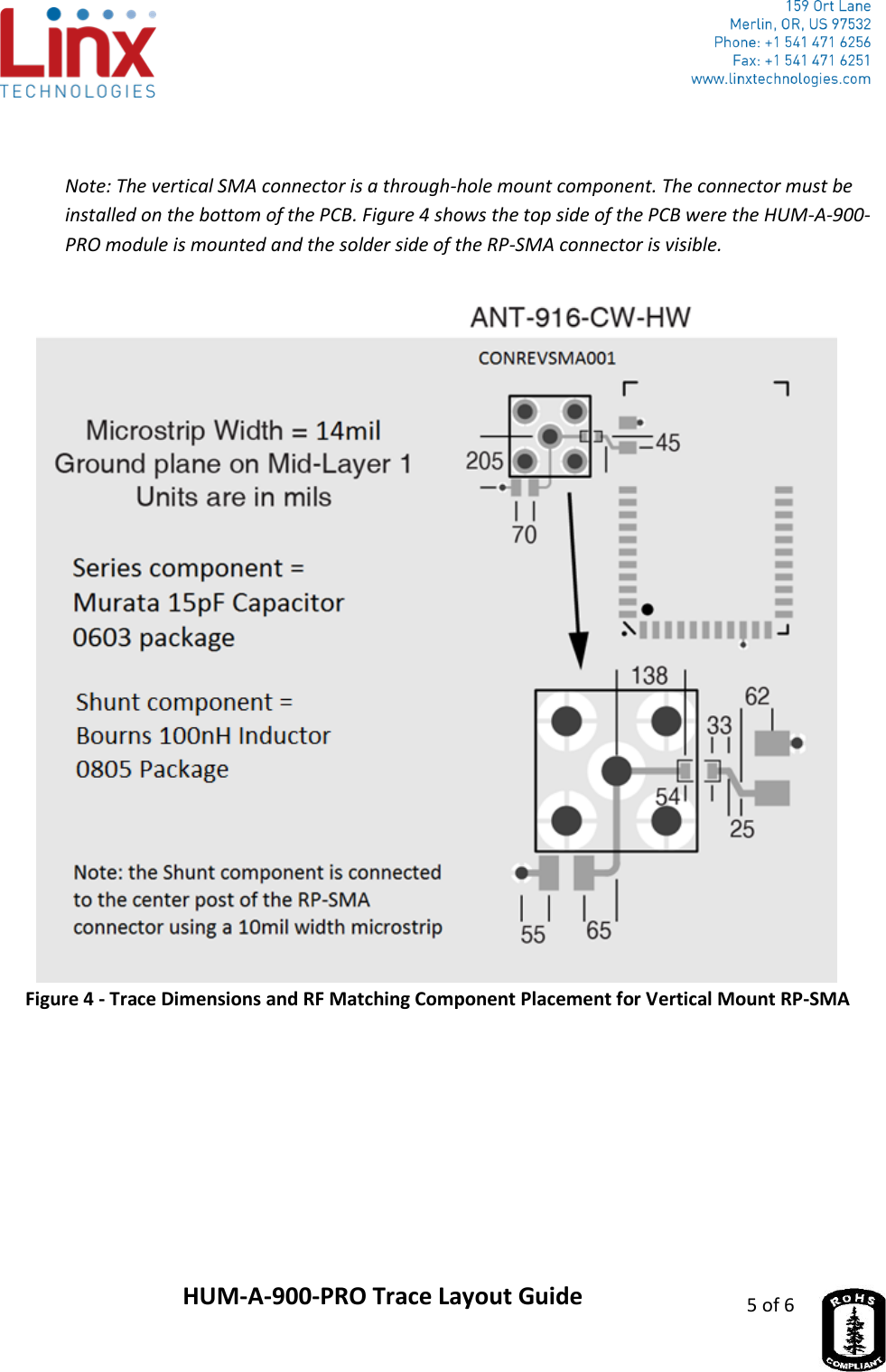                    HUM-A-900-PRO Trace Layout Guide 5 of 6   Note: The vertical SMA connector is a through-hole mount component. The connector must be installed on the bottom of the PCB. Figure 4 shows the top side of the PCB were the HUM-A-900-PRO module is mounted and the solder side of the RP-SMA connector is visible.   Figure 4 - Trace Dimensions and RF Matching Component Placement for Vertical Mount RP-SMA      