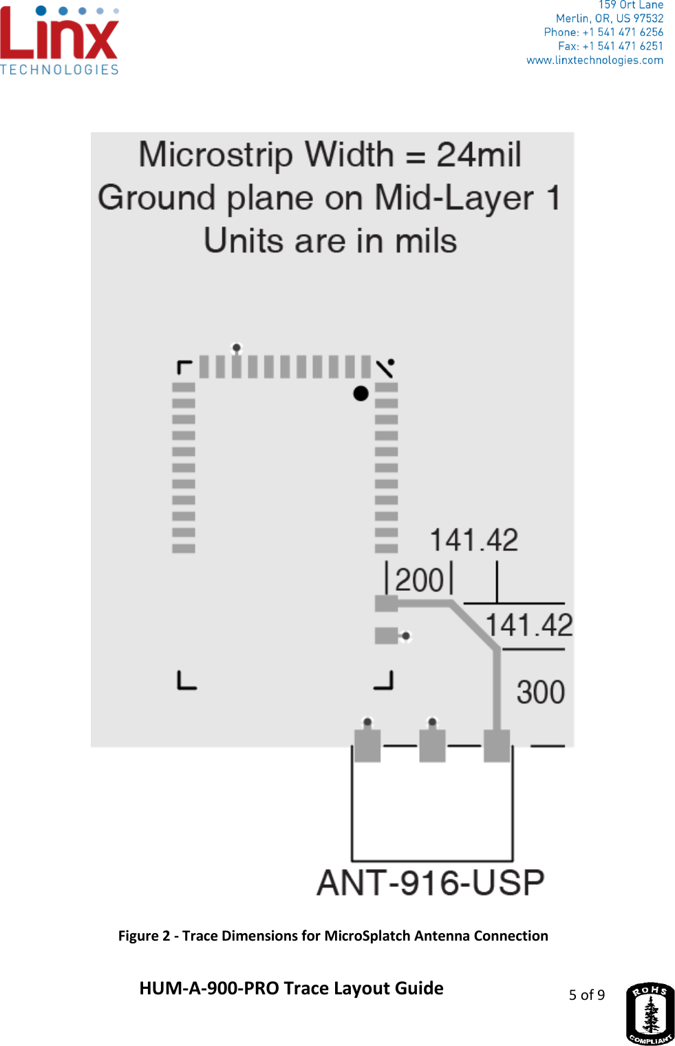                     HUM-A-900-PRO Trace Layout Guide 5 of 9    Figure 2 - Trace Dimensions for MicroSplatch Antenna Connection 