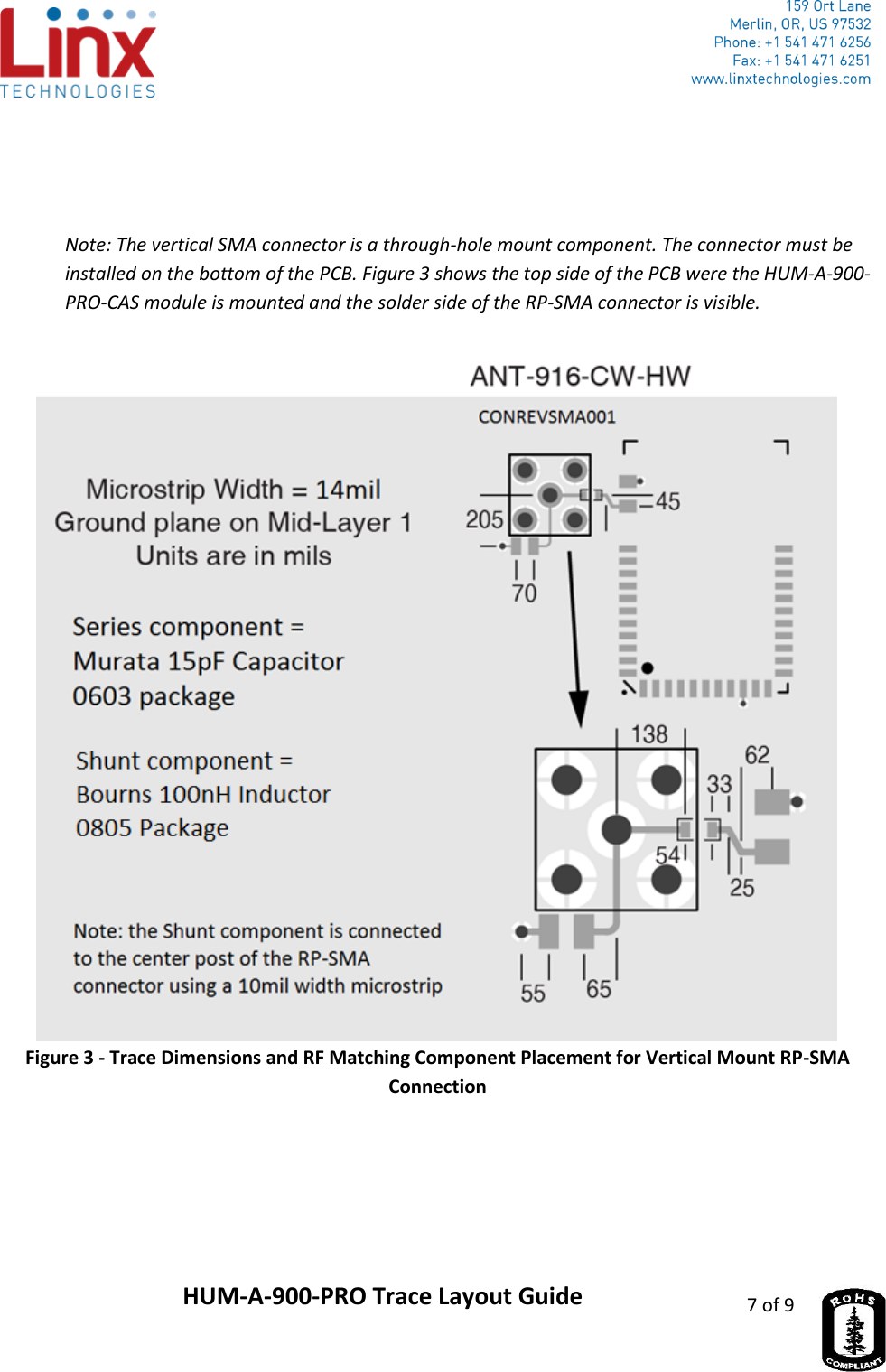                     HUM-A-900-PRO Trace Layout Guide 7 of 9     Note: The vertical SMA connector is a through-hole mount component. The connector must be installed on the bottom of the PCB. Figure 3 shows the top side of the PCB were the HUM-A-900-PRO-CAS module is mounted and the solder side of the RP-SMA connector is visible.   Figure 3 - Trace Dimensions and RF Matching Component Placement for Vertical Mount RP-SMA Connection    