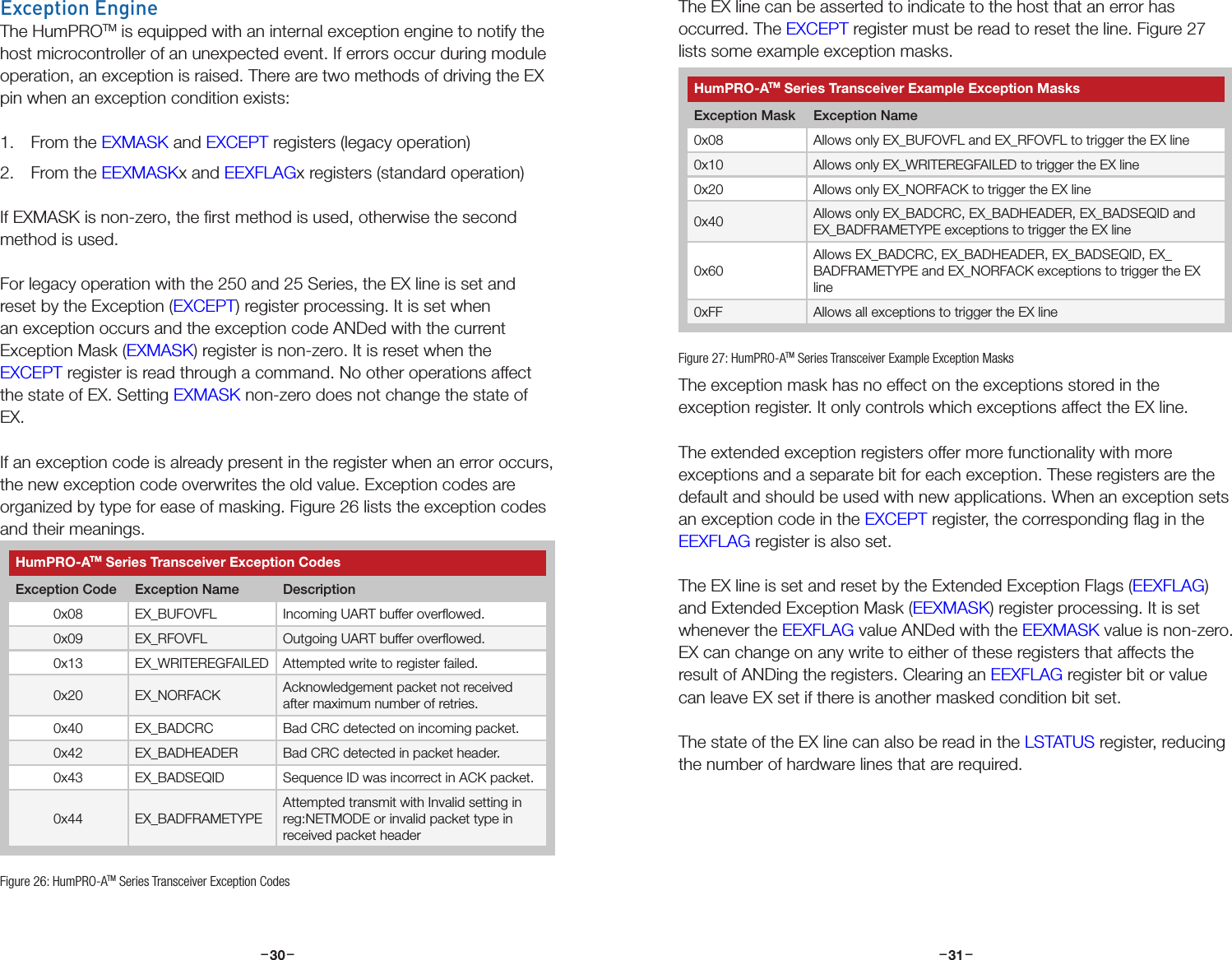 –     – –     –30 31Exception EngineThe HumPROTM is equipped with an internal exception engine to notify the host microcontroller of an unexpected event. If errors occur during module operation, an exception is raised. There are two methods of driving the EX pin when an exception condition exists:1.  From the EXMASK and EXCEPT registers (legacy operation)2.  From the EEXMASKx and EEXFLAGx registers (standard operation)If EXMASK is non-zero, the ﬁrst method is used, otherwise the second method is used.For legacy operation with the 250 and 25 Series, the EX line is set and reset by the Exception (EXCEPT) register processing. It is set when an exception occurs and the exception code ANDed with the current Exception Mask (EXMASK) register is non-zero. It is reset when the EXCEPT register is read through a command. No other operations affect the state of EX. Setting EXMASK non-zero does not change the state of EX.If an exception code is already present in the register when an error occurs, the new exception code overwrites the old value. Exception codes are organized by type for ease of masking. Figure 26 lists the exception codes and their meanings. HumPRO-ATM Series Transceiver Exception CodesException Code Exception Name Description0x08 EX_BUFOVFL Incoming UART buffer overﬂowed.0x09 EX_RFOVFL Outgoing UART buffer overﬂowed.0x13 EX_WRITEREGFAILED Attempted write to register failed.0x20 EX_NORFACK Acknowledgement packet not received after maximum number of retries.0x40 EX_BADCRC Bad CRC detected on incoming packet.0x42 EX_BADHEADER Bad CRC detected in packet header.0x43 EX_BADSEQID Sequence ID was incorrect in ACK packet.0x44 EX_BADFRAMETYPEAttempted transmit with Invalid setting in reg:NETMODE or invalid packet type in received packet headerFigure 26: HumPRO-ATM Series Transceiver Exception CodesThe EX line can be asserted to indicate to the host that an error has occurred. The EXCEPT register must be read to reset the line. Figure 27 lists some example exception masks.The exception mask has no effect on the exceptions stored in the exception register. It only controls which exceptions affect the EX line.The extended exception registers offer more functionality with more exceptions and a separate bit for each exception. These registers are the default and should be used with new applications. When an exception sets an exception code in the EXCEPT register, the corresponding ﬂag in the EEXFLAG register is also set.The EX line is set and reset by the Extended Exception Flags (EEXFLAG) and Extended Exception Mask (EEXMASK) register processing. It is set whenever the EEXFLAG value ANDed with the EEXMASK value is non-zero. EX can change on any write to either of these registers that affects the result of ANDing the registers. Clearing an EEXFLAG register bit or value can leave EX set if there is another masked condition bit set.The state of the EX line can also be read in the LSTATUS register, reducing the number of hardware lines that are required.HumPRO-ATM Series Transceiver Example Exception MasksException Mask Exception Name0x08 Allows only EX_BUFOVFL and EX_RFOVFL to trigger the EX line0x10 Allows only EX_WRITEREGFAILED to trigger the EX line0x20 Allows only EX_NORFACK to trigger the EX line0x40 Allows only EX_BADCRC, EX_BADHEADER, EX_BADSEQID and EX_BADFRAMETYPE exceptions to trigger the EX line0x60Allows EX_BADCRC, EX_BADHEADER, EX_BADSEQID, EX_BADFRAMETYPE and EX_NORFACK exceptions to trigger the EX line0xFF Allows all exceptions to trigger the EX lineFigure 27: HumPRO-ATM Series Transceiver Example Exception Masks