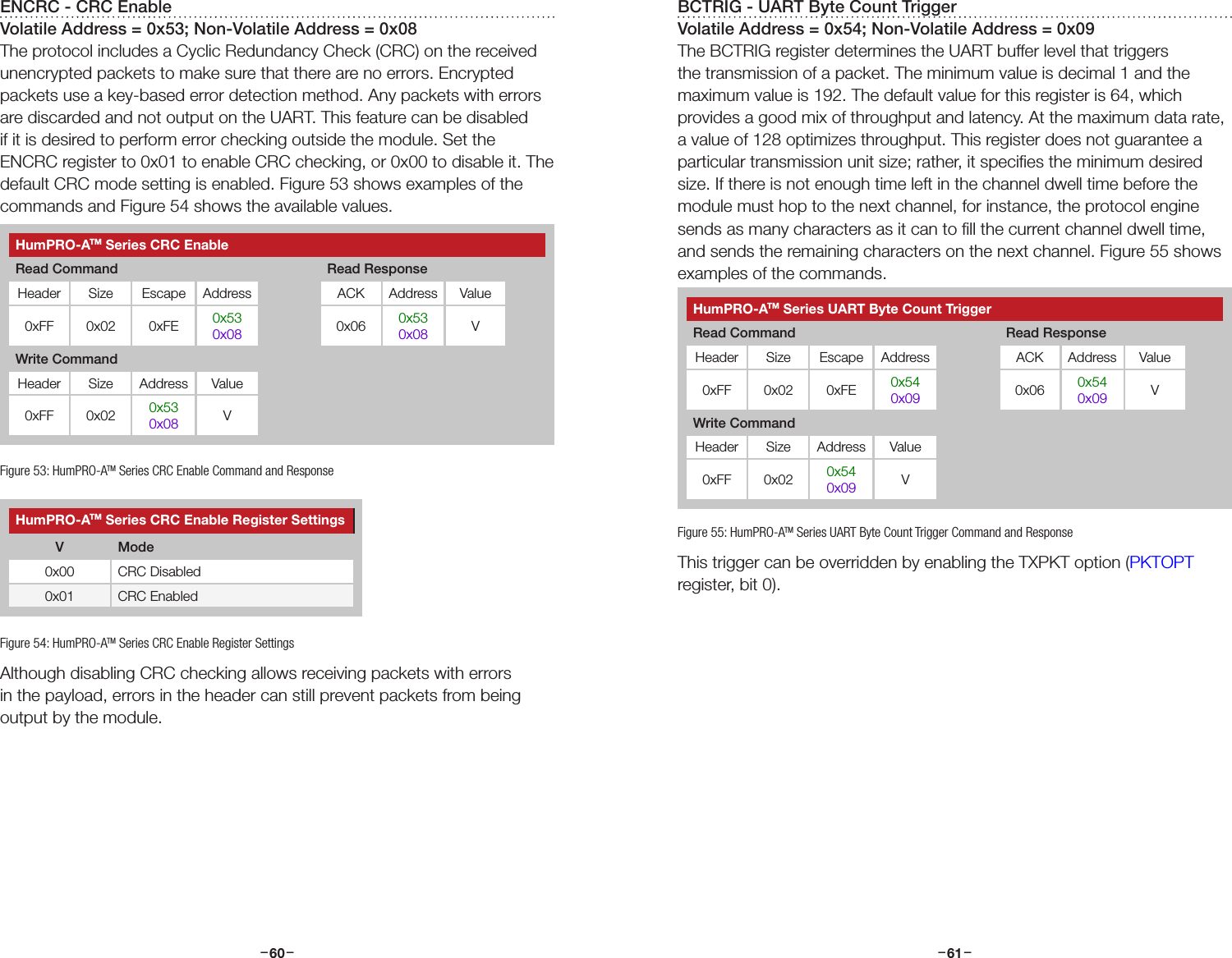 –     – –     –60 61ENCRC - CRC EnableVolatile Address = 0x53; Non-Volatile Address = 0x08The protocol includes a Cyclic Redundancy Check (CRC) on the received unencrypted packets to make sure that there are no errors. Encrypted packets use a key-based error detection method. Any packets with errors are discarded and not output on the UART. This feature can be disabled if it is desired to perform error checking outside the module. Set the ENCRC register to 0x01 to enable CRC checking, or 0x00 to disable it. The default CRC mode setting is enabled. Figure 53 shows examples of the commands and Figure 54 shows the available values.Although disabling CRC checking allows receiving packets with errors in the payload, errors in the header can still prevent packets from being output by the module.HumPRO-ATM Series CRC Enable Register SettingsV Mode0x00 CRC Disabled0x01 CRC EnabledFigure 53: HumPRO-ATM Series CRC Enable Command and ResponseFigure 54: HumPRO-ATM Series CRC Enable Register SettingsHumPRO-ATM Series CRC EnableRead Command Read ResponseHeader Size Escape Address ACK Address Value0xFF 0x02 0xFE 0x530x08 0x06 0x530x08 VWrite CommandHeader Size Address Value0xFF 0x02 0x530x08 VBCTRIG - UART Byte Count TriggerVolatile Address = 0x54; Non-Volatile Address = 0x09The BCTRIG register determines the UART buffer level that triggers the transmission of a packet. The minimum value is decimal 1 and the maximum value is 192. The default value for this register is 64, which provides a good mix of throughput and latency. At the maximum data rate, a value of 128 optimizes throughput. This register does not guarantee a particular transmission unit size; rather, it speciﬁes the minimum desired size. If there is not enough time left in the channel dwell time before the module must hop to the next channel, for instance, the protocol engine sends as many characters as it can to ﬁll the current channel dwell time, and sends the remaining characters on the next channel. Figure 55 shows examples of the commands.This trigger can be overridden by enabling the TXPKT option (PKTOPT register, bit 0).Figure 55: HumPRO-ATM Series UART Byte Count Trigger Command and ResponseHumPRO-ATM Series UART Byte Count TriggerRead Command Read ResponseHeader Size Escape Address ACK Address Value0xFF 0x02 0xFE 0x540x09 0x06 0x540x09 VWrite CommandHeader Size Address Value0xFF 0x02 0x540x09 V