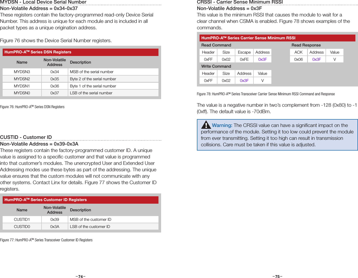 –     – –     –74 75MYDSN - Local Device Serial NumberNon-Volatile Address = 0x34-0x37These registers contain the factory-programmed read-only Device Serial Number. This address is unique for each module and is included in all packet types as a unique origination address.Figure 76 shows the Device Serial Number registers.CUSTID - Customer IDNon-Volatile Address = 0x39-0x3AThese registers contain the factory-programmed customer ID. A unique value is assigned to a speciﬁc customer and that value is programmed into that customer’s modules. The unencrypted User and Extended User Addressing modes use these bytes as part of the addressing. The unique value ensures that the custom modules will not communicate with any other systems. Contact Linx for details. Figure 77 shows the Customer ID registers.CRSSI - Carrier Sense Minimum RSSINon-Volatile Address = 0x3FThis value is the minimum RSSI that causes the module to wait for a clear channel when CSMA is enabled. Figure 78 shows examples of the commands.The value is a negative number in two’s complement from -128 (0x80) to -1 (0xff). The default value is -70dBm. HumPRO-ATM Series DSN RegistersName Non-Volatile Address DescriptionMYDSN3 0x34 MSB of the serial numberMYDSN2 0x35 Byte 2 of the serial numberMYDSN1 0x36 Byte 1 of the serial numberMYDSN0 0x37 LSB of the serial numberFigure 76: HumPRO-ATM Series DSN RegistersHumPRO-ATM Series Customer ID RegistersName Non-Volatile Address DescriptionCUSTID1 0x39 MSB of the customer IDCUSTID0 0x3A LSB of the customer IDFigure 77: HumPRO-ATM Series Transceiver Customer ID RegistersHumPRO-ATM Series Carrier Sense Minimum RSSIRead Command Read ResponseHeader Size Escape Address ACK Address Value0xFF 0x02 0xFE 0x3F 0x06 0x3F VWrite CommandHeader Size Address Value0xFF 0x02 0x3F VFigure 78: HumPRO-ATM Series Transceiver Carrier Sense Minimum RSSI Command and Response        Warning: The CRSSI value can have a signiﬁcant impact on the performance of the module. Setting it too low could prevent the module from ever transmitting. Setting it too high can result in transmission collisions. Care must be taken if this value is adjusted.!