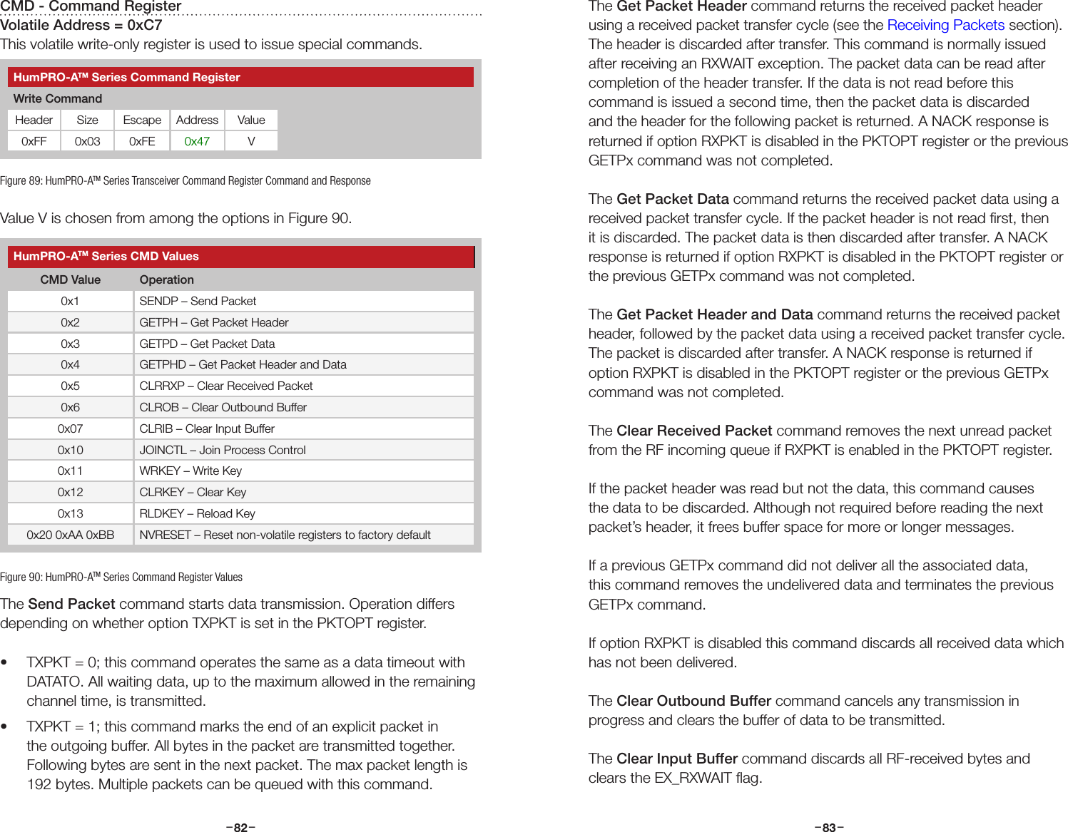 –     – –     –82 83CMD - Command RegisterVolatile Address = 0xC7This volatile write-only register is used to issue special commands.Value V is chosen from among the options in Figure 90.The Send Packet command starts data transmission. Operation differs depending on whether option TXPKT is set in the PKTOPT register. • TXPKT = 0; this command operates the same as a data timeout with DATATO. All waiting data, up to the maximum allowed in the remaining channel time, is transmitted.• TXPKT = 1; this command marks the end of an explicit packet in the outgoing buffer. All bytes in the packet are transmitted together. Following bytes are sent in the next packet. The max packet length is 192 bytes. Multiple packets can be queued with this command.HumPRO-ATM Series CMD ValuesCMD Value Operation0x1 SENDP – Send Packet0x2 GETPH – Get Packet Header0x3 GETPD – Get Packet Data0x4 GETPHD – Get Packet Header and Data0x5 CLRRXP – Clear Received Packet0x6 CLROB – Clear Outbound Buffer0x07 CLRIB – Clear Input Buffer0x10 JOINCTL – Join Process Control0x11 WRKEY – Write Key0x12 CLRKEY – Clear Key0x13 RLDKEY – Reload Key0x20 0xAA 0xBB NVRESET – Reset non-volatile registers to factory defaultFigure 89: HumPRO-ATM Series Transceiver Command Register Command and ResponseHumPRO-ATM Series Command RegisterWrite CommandHeader Size Escape Address Value0xFF 0x03 0xFE 0x47 VFigure 90: HumPRO-ATM Series Command Register ValuesThe Get Packet Header command returns the received packet header using a received packet transfer cycle (see the Receiving Packets section). The header is discarded after transfer. This command is normally issued after receiving an RXWAIT exception. The packet data can be read after completion of the header transfer. If the data is not read before this command is issued a second time, then the packet data is discarded and the header for the following packet is returned. A NACK response is returned if option RXPKT is disabled in the PKTOPT register or the previous GETPx command was not completed.The Get Packet Data command returns the received packet data using a received packet transfer cycle. If the packet header is not read ﬁrst, then it is discarded. The packet data is then discarded after transfer. A NACK response is returned if option RXPKT is disabled in the PKTOPT register or the previous GETPx command was not completed.The Get Packet Header and Data command returns the received packet header, followed by the packet data using a received packet transfer cycle. The packet is discarded after transfer. A NACK response is returned if option RXPKT is disabled in the PKTOPT register or the previous GETPx command was not completed.The Clear Received Packet command removes the next unread packet from the RF incoming queue if RXPKT is enabled in the PKTOPT register.If the packet header was read but not the data, this command causes the data to be discarded. Although not required before reading the next packet’s header, it frees buffer space for more or longer messages.If a previous GETPx command did not deliver all the associated data, this command removes the undelivered data and terminates the previous GETPx command.If option RXPKT is disabled this command discards all received data which has not been delivered.The Clear Outbound Buffer command cancels any transmission in progress and clears the buffer of data to be transmitted.The Clear Input Buffer command discards all RF-received bytes and clears the EX_RXWAIT ﬂag.