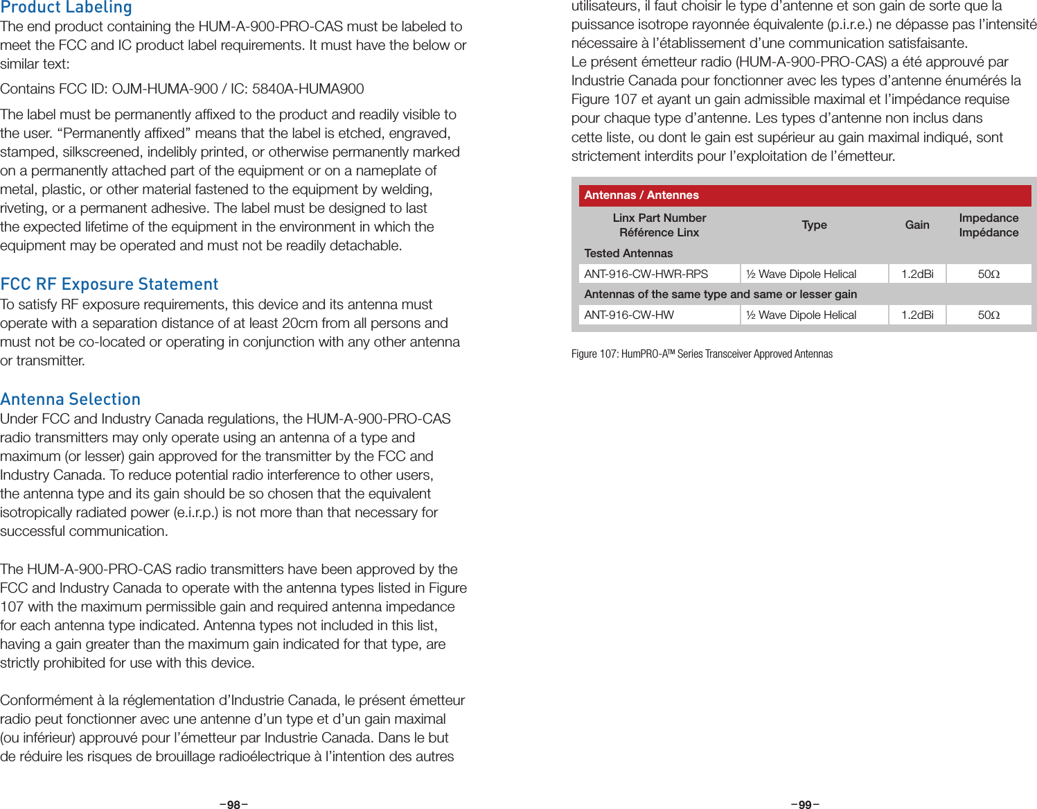–     – –     –98 99Product LabelingThe end product containing the HUM-A-900-PRO-CAS must be labeled to meet the FCC and IC product label requirements. It must have the below or similar text:Contains FCC ID: OJM-HUMA-900 / IC: 5840A-HUMA900The label must be permanently afﬁxed to the product and readily visible to the user. ‘‘Permanently afﬁxed’’ means that the label is etched, engraved, stamped, silkscreened, indelibly printed, or otherwise permanently marked on a permanently attached part of the equipment or on a nameplate of metal, plastic, or other material fastened to the equipment by welding, riveting, or a permanent adhesive. The label must be designed to last the expected lifetime of the equipment in the environment in which the equipment may be operated and must not be readily detachable.FCC RF Exposure StatementTo satisfy RF exposure requirements, this device and its antenna must operate with a separation distance of at least 20cm from all persons and must not be co-located or operating in conjunction with any other antenna or transmitter.Antenna SelectionUnder FCC and Industry Canada regulations, the HUM-A-900-PRO-CAS radio transmitters may only operate using an antenna of a type and maximum (or lesser) gain approved for the transmitter by the FCC and Industry Canada. To reduce potential radio interference to other users, the antenna type and its gain should be so chosen that the equivalent isotropically radiated power (e.i.r.p.) is not more than that necessary for successful communication.The HUM-A-900-PRO-CAS radio transmitters have been approved by the FCC and Industry Canada to operate with the antenna types listed in Figure 107 with the maximum permissible gain and required antenna impedance for each antenna type indicated. Antenna types not included in this list, having a gain greater than the maximum gain indicated for that type, are strictly prohibited for use with this device.Conformément à la réglementation d’Industrie Canada, le présent émetteur radio peut fonctionner avec une antenne d’un type et d’un gain maximal (ou inférieur) approuvé pour l’émetteur par Industrie Canada. Dans le but de réduire les risques de brouillage radioélectrique à l’intention des autres utilisateurs, il faut choisir le type d’antenne et son gain de sorte que la puissance isotrope rayonnée équivalente (p.i.r.e.) ne dépasse pas l’intensité nécessaire à l’établissement d’une communication satisfaisante.Le présent émetteur radio (HUM-A-900-PRO-CAS) a été approuvé par Industrie Canada pour fonctionner avec les types d’antenne énumérés la Figure 107 et ayant un gain admissible maximal et l’impédance requise pour chaque type d’antenne. Les types d’antenne non inclus dans cette liste, ou dont le gain est supérieur au gain maximal indiqué, sont strictement interdits pour l’exploitation de l’émetteur.Figure 107: HumPRO-ATM Series Transceiver Approved AntennasAntennas / AntennesLinx Part NumberRéférence Linx Type Gain ImpedanceImpédanceTested AntennasANT-916-CW-HWR-RPS ½ Wave Dipole Helical 1.2dBi 50ΩAntennas of the same type and same or lesser gainANT-916-CW-HW ½ Wave Dipole Helical 1.2dBi 50Ω