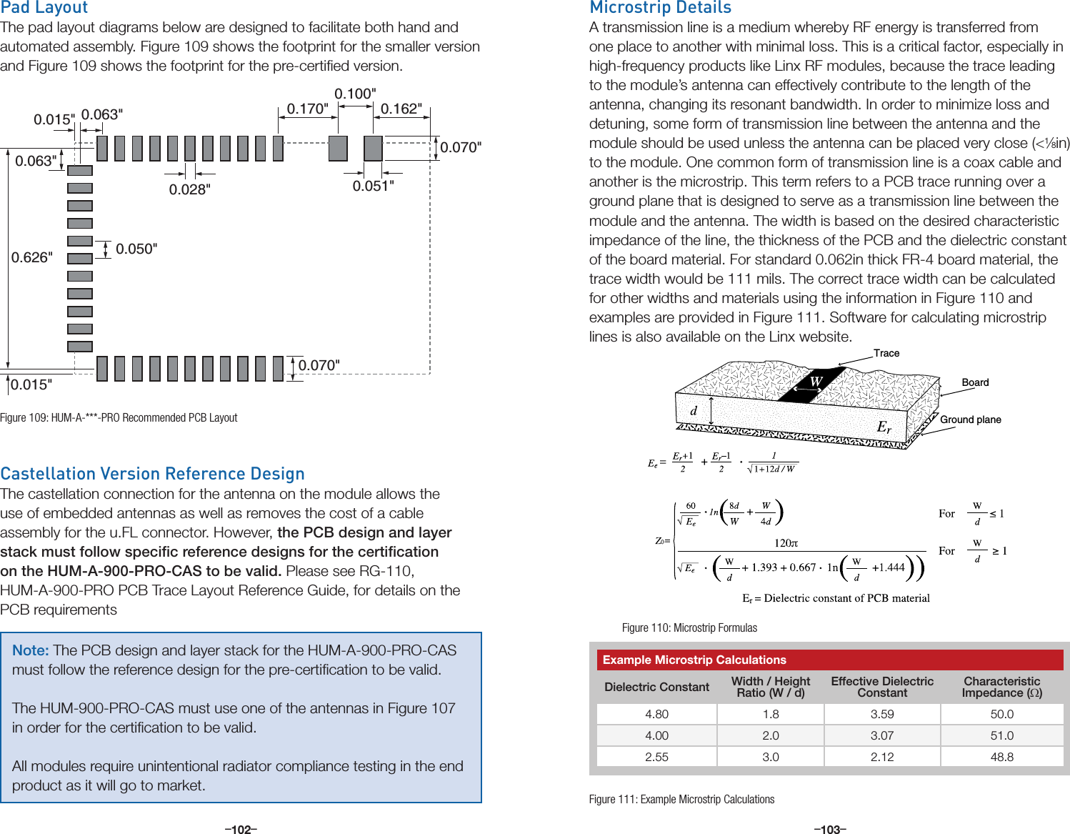 –      – –      –102 103Pad LayoutThe pad layout diagrams below are designed to facilitate both hand and automated assembly. Figure 109 shows the footprint for the smaller version and Figure 109 shows the footprint for the pre-certiﬁed version.Castellation Version Reference DesignThe castellation connection for the antenna on the module allows the use of embedded antennas as well as removes the cost of a cable assembly for the u.FL connector. However, the PCB design and layer stack must follow speciﬁc reference designs for the certiﬁcation on the HUM-A-900-PRO-CAS to be valid. Please see RG-110, HUM-A-900-PRO PCB Trace Layout Reference Guide, for details on the PCB requirements0.063&quot;0.015&quot;0.028&quot;0.070&quot;0.626&quot;0.015&quot;0.063&quot;0.050&quot;0.051&quot;0.070&quot;0.170&quot;0.100&quot;0.162&quot;Figure 109: HUM-A-***-PRO Recommended PCB LayoutMicrostrip DetailsA transmission line is a medium whereby RF energy is transferred from one place to another with minimal loss. This is a critical factor, especially in high-frequency products like Linx RF modules, because the trace leading to the module’s antenna can effectively contribute to the length of the antenna, changing its resonant bandwidth. In order to minimize loss and detuning, some form of transmission line between the antenna and the module should be used unless the antenna can be placed very close (&lt;1⁄8in) to the module. One common form of transmission line is a coax cable and another is the microstrip. This term refers to a PCB trace running over a ground plane that is designed to serve as a transmission line between the module and the antenna. The width is based on the desired characteristic impedance of the line, the thickness of the PCB and the dielectric constant of the board material. For standard 0.062in thick FR-4 board material, the trace width would be 111 mils. The correct trace width can be calculated for other widths and materials using the information in Figure 110 and examples are provided in Figure 111. Software for calculating microstrip lines is also available on the Linx website.TraceBoardGround planeFigure 110: Microstrip FormulasExample Microstrip CalculationsDielectric Constant Width / Height Ratio (W / d)Effective Dielectric ConstantCharacteristic Impedance (Ω)4.80 1.8 3.59 50.04.00 2.0 3.07 51.02.55 3.0 2.12 48.8Figure 111: Example Microstrip CalculationsNote: The PCB design and layer stack for the HUM-A-900-PRO-CAS must follow the reference design for the pre-certiﬁcation to be valid. The HUM-900-PRO-CAS must use one of the antennas in Figure 107 in order for the certiﬁcation to be valid. All modules require unintentional radiator compliance testing in the end product as it will go to market.