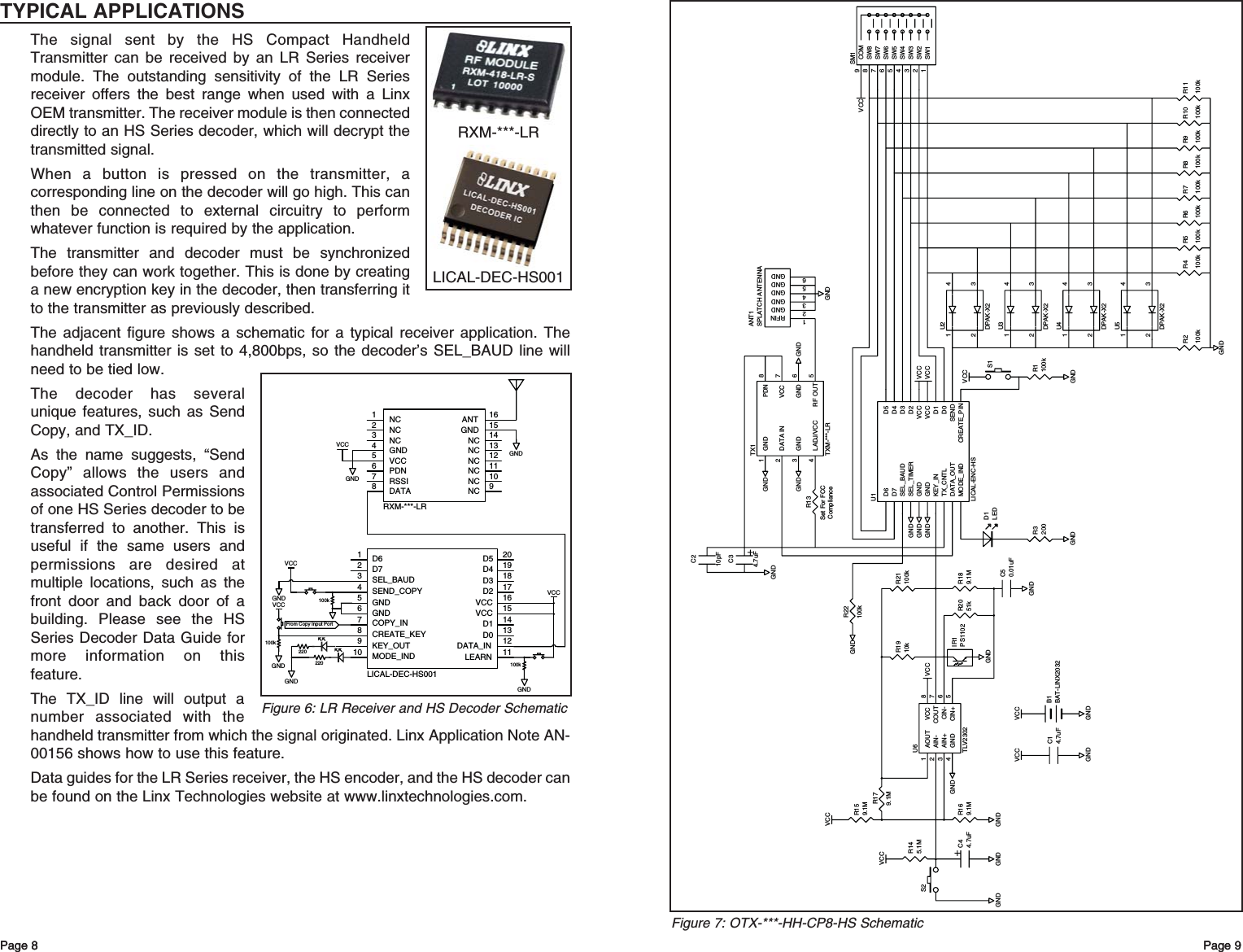 Page 9Page 8 Page 9VCCR1100kSW11SW22SW33SW44SW55SW66SW77SW88COM9SM1R2100kVCC1234U3DPAK-X2GND1234U5DPAK-X21234U4DPAK-X2VCCVCCGNDGNDGNDS1GNDD1LEDR3200GNDR4100kGNDR5100kR6100kR7100kR8100kR9100kR10100kR11100k1234U2DPAK-X2GND1DATA IN2GND3LADJ/VCC4RF OUT 5GND 6VCC 7PDN 8TX1TXM-***-LRGNDGNDGNDR13D6D7SEL_BAUDSEL_TIMERGNDGNDKEY_INTX_CNTLDATA_OUTMODE_IND CREATE_PINSENDD0D1VCCVCCD2D3D4D5U1LICAL-ENC-HSC34.7uFC210pFRFIN1GND2GND3GND4GND5GND6ANT1SPLATCH ANTENNAGNDSet For FCCComplianceVCCGNDVCCGNDB1BAT-LINX2032C14.7uFGNDAOUT1AIN-2AIN+3GND4CIN+ 5CIN- 6COUT 7VCC 8U6TLV2302R21100kVCCR189.1MR2051kC50.01uFVCCVCCGNDGNDGNDGNDC44.7uFR169.1MR159.1MR1910kR145.1MR179.1MIR1PS1102S2GNDGNDR22100kFigure 7: OTX-***-HH-CP8-HS SchematicPage 8TYPICAL APPLICATIONSThe signal sent by the HS Compact HandheldTransmitter can be received by an LR Series receivermodule. The outstanding sensitivity of the LR Seriesreceiver offers the best range when used with a LinxOEM transmitter. The receiver module is then connecteddirectly to an HS Series decoder, which will decrypt thetransmitted signal.When a button is pressed on the transmitter, acorresponding line on the decoder will go high. This canthen be connected to external circuitry to performwhatever function is required by the application.The transmitter and decoder must be synchronizedbefore they can work together. This is done by creatinga new encryption key in the decoder, then transferring itto the transmitter as previously described. The adjacent figure shows a schematic for a typical receiver application. Thehandheld transmitter is set to 4,800bps, so the decoder’s SEL_BAUD line willneed to be tied low. The decoder has severalunique features, such as SendCopy, and TX_ID.As the name suggests, “SendCopy” allows the users andassociated Control Permissionsof one HS Series decoder to betransferred to another. This isuseful if the same users andpermissions are desired atmultiple locations, such as thefront door and back door of abuilding. Please see the HSSeries Decoder Data Guide formore information on thisfeature.The TX_ID line will output anumber associated with thehandheld transmitter from which the signal originated. Linx Application Note AN-00156 shows how to use this feature.Data guides for the LR Series receiver, the HS encoder, and the HS decoder canbe found on the Linx Technologies website at www.linxtechnologies.com.GNDGNDVCCNC1NC2NC3GND4VCC5PDN6RSSI7DATA8NC 9NC 10NC 11NC 12NC 13NC 14GND 15ANT 16RXM-***-LR220 100kD6D7SEL_BAUDSEND_COPYGNDGNDCOPY_INCREATE_KEYKEY_OUTMODE_INDD5D4D3D2VCCVCCD1D0DATA_INLEARN12345678910 11121314151617181920LICAL-DEC-HS001From Copy Input Port100k100kGNDGNDGNDVCCVCCVCCGND220Figure 6: LR Receiver and HS Decoder SchematicRXM-***-LRLICAL-DEC-HS001