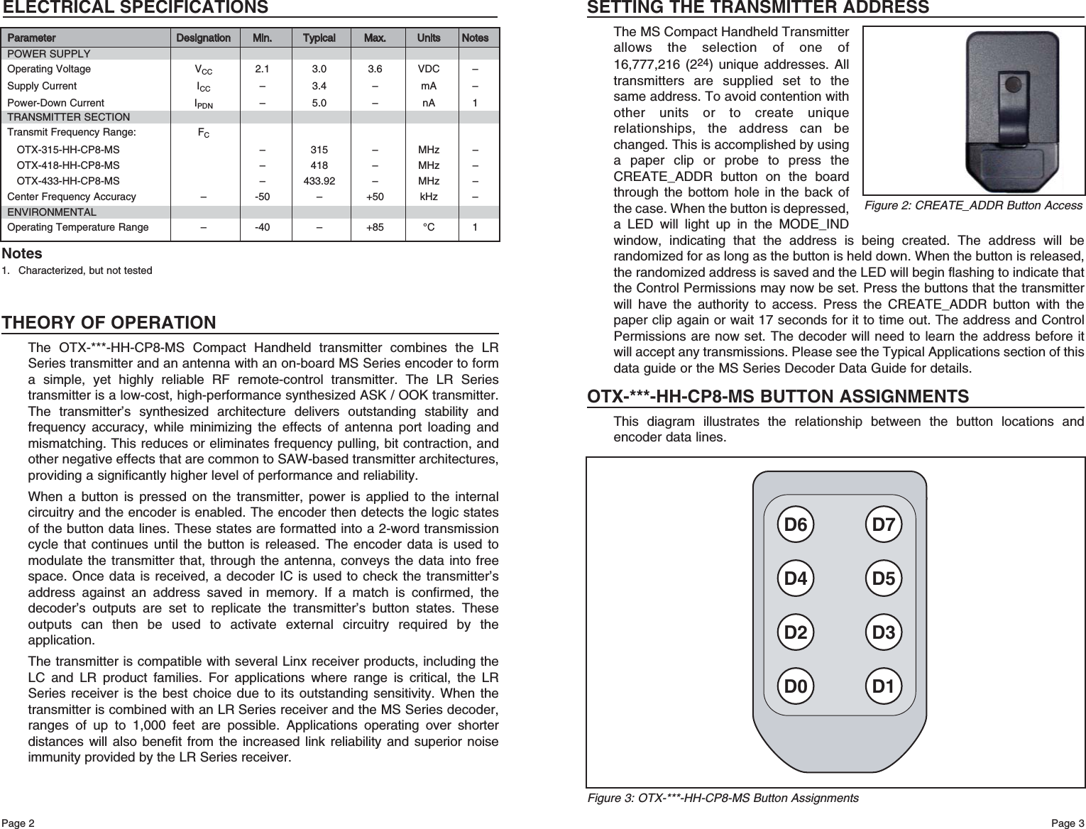 Page 3SETTING THE TRANSMITTER ADDRESSThe MS Compact Handheld Transmitterallows the selection of one of16,777,216 (224) unique addresses. Alltransmitters are supplied set to thesame address. To avoid contention withother units or to create uniquerelationships, the address can bechanged. This is accomplished by usinga paper clip or probe to press theCREATE_ADDR button on the boardthrough the bottom hole in the back ofthe case. When the button is depressed,a LED will light up in the MODE_INDwindow, indicating that the address is being created. The address will berandomized for as long as the button is held down. When the button is released,the randomized address is saved and the LED will begin flashing to indicate thatthe Control Permissions may now be set. Press the buttons that the transmitterwill have the authority to access. Press the CREATE_ADDR button with thepaper clip again or wait 17 seconds for it to time out. The address and ControlPermissions are now set. The decoder will need to learn the address before itwill accept any transmissions. Please see the Typical Applications section of thisdata guide or the MS Series Decoder Data Guide for details.OTX-***-HH-CP8-MS BUTTON ASSIGNMENTSThis diagram illustrates the relationship between the button locations andencoder data lines.D6 D7D4 D5D2 D3D0 D1Page 2Figure 2: CREATE_ADDR Button AccessFigure 3: OTX-***-HH-CP8-MS Button AssignmentsTHEORY OF OPERATIONThe OTX-***-HH-CP8-MS Compact Handheld transmitter combines the LRSeries transmitter and an antenna with an on-board MS Series encoder to forma simple, yet highly reliable RF remote-control transmitter. The LR Seriestransmitter is a low-cost, high-performance synthesized ASK / OOK transmitter.The transmitter’s synthesized architecture delivers outstanding stability andfrequency accuracy, while minimizing the effects of antenna port loading andmismatching. This reduces or eliminates frequency pulling, bit contraction, andother negative effects that are common to SAW-based transmitter architectures,providing a significantly higher level of performance and reliability.When a button is pressed on the transmitter, power is applied to the internalcircuitry and the encoder is enabled. The encoder then detects the logic statesof the button data lines. These states are formatted into a 2-word transmissioncycle that continues until the button is released. The encoder data is used tomodulate the transmitter that, through the antenna, conveys the data into freespace. Once data is received, a decoder IC is used to check the transmitter’saddress against an address saved in memory. If a match is confirmed, thedecoder’s outputs are set to replicate the transmitter’s button states. Theseoutputs can then be used to activate external circuitry required by theapplication.The transmitter is compatible with several Linx receiver products, including theLC and LR product families. For applications where range is critical, the LRSeries receiver is the best choice due to its outstanding sensitivity. When thetransmitter is combined with an LR Series receiver and the MS Series decoder,ranges of up to 1,000 feet are possible. Applications operating over shorterdistances will also benefit from the increased link reliability and superior noiseimmunity provided by the LR Series receiver.1. Characterized, but not testedNotesELECTRICAL SPECIFICATIONSPPaarraammeetteerrDDeessiiggnnaattiioonnMMiinn..TTyyppiiccaallMMaaxx..UUnniittssNNootteessPOWER SUPPLYOperating Voltage VCC 2.1 3.0 3.6 VDC –Supply Current ICC – 3.4 – mA –Power-Down Current IPDN – 5.0 – nA 1TRANSMITTER SECTIONTransmit Frequency Range: FCOTX-315-HH-CP8-MS – 315 – MHz –OTX-418-HH-CP8-MS – 418 – MHz –OTX-433-HH-CP8-MS – 433.92 – MHz –Center Frequency Accuracy – -50 – +50 kHz –ENVIRONMENTALOperating Temperature Range – -40 – +85 °C 1
