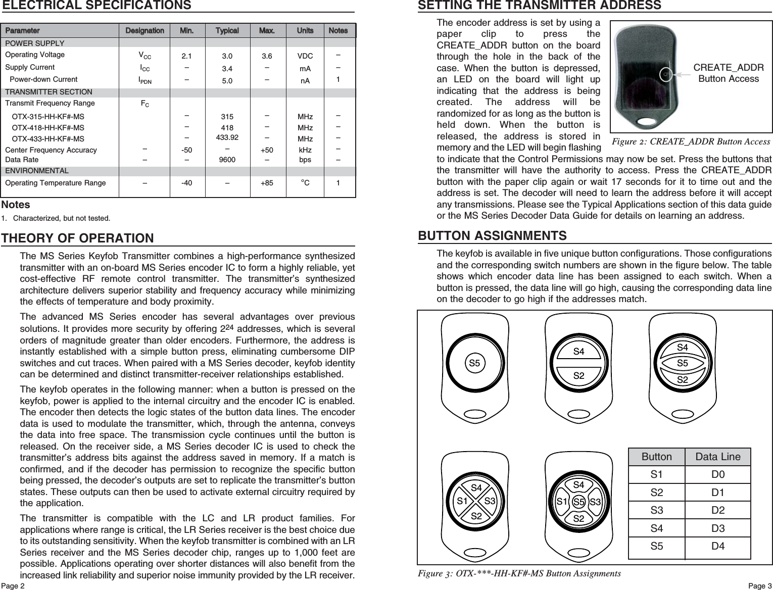 Page 3Page 2THEORY OF OPERATIONThe MS Series Keyfob Transmitter combines a high-performance synthesizedtransmitter with an on-board MS Series encoder IC to form a highly reliable, yetcost-effective RF remote control transmitter. The transmitter’s synthesizedarchitecture delivers superior stability and frequency accuracy while minimizingthe effects of temperature and body proximity.The advanced MS Series encoder has several advantages over previoussolutions. It provides more security by offering 224 addresses, which is severalorders of magnitude greater than older encoders. Furthermore, the address isinstantly established with a simple button press, eliminating cumbersome DIPswitches and cut traces. When paired with a MS Series decoder, keyfob identitycan be determined and distinct transmitter-receiver relationships established.The keyfob operates in the following manner: when a button is pressed on thekeyfob, power is applied to the internal circuitry and the encoder IC is enabled.The encoder then detects the logic states of the button data lines. The encoderdata is used to modulate the transmitter, which, through the antenna, conveysthe data into free space. The transmission cycle continues until the button isreleased. On the receiver side, a MS Series decoder IC is used to check thetransmitter’s address bits against the address saved in memory. If a match isconfirmed, and if the decoder has permission to recognize the specific buttonbeing pressed, the decoder’s outputs are set to replicate the transmitter’s buttonstates. These outputs can then be used to activate external circuitry required bythe application.The transmitter is compatible with the LC and LR product families. Forapplications where range is critical, the LR Series receiver is the best choice dueto its outstanding sensitivity. When the keyfob transmitter is combined with an LRSeries receiver and the MS Series decoder chip, ranges up to 1,000 feet arepossible. Applications operating over shorter distances will also benefit from theincreased link reliability and superior noise immunity provided by the LR receiver.SETTING THE TRANSMITTER ADDRESSThe encoder address is set by using apaper clip to press theCREATE_ADDR button on the boardthrough the hole in the back of thecase. When the button is depressed,an LED on the board will light upindicating that the address is beingcreated. The address will berandomized for as long as the button isheld down. When the button isreleased, the address is stored inmemory and the LED will begin flashingto indicate that the Control Permissions may now be set. Press the buttons thatthe transmitter will have the authority to access. Press the CREATE_ADDRbutton with the paper clip again or wait 17 seconds for it to time out and theaddress is set. The decoder will need to learn the address before it will acceptany transmissions. Please see the Typical Applications section of this data guideor the MS Series Decoder Data Guide for details on learning an address.BUTTON ASSIGNMENTSThe keyfob is available in five unique button configurations. Those configurationsand the corresponding switch numbers are shown in the figure below. The tableshows which encoder data line has been assigned to each switch. When abutton is pressed, the data line will go high, causing the corresponding data lineon the decoder to go high if the addresses match.S4S2S1 S3S5S5S2S5S4S4S2S4S1 S3S2Figure 3: OTX-***-HH-KF#-MS Button AssignmentsFigure 2: CREATE_ADDR Button AccessButton Data LineS1 D0S2 D1S3 D2S4 D3S5 D4ELECTRICAL SPECIFICATIONSPPaarraammeetteerrDDeessiiggnnaattiioonnMMiinn..TTyyppiiccaallMMaaxx..UUnniittssNNootteessPOWER SUPPLYOperating Voltage VCC 2.1 3.0 3.6 VDC –Supply Current ICC –3.4 –mA –Power-down Current IPDN –5.0 –nA 1TRANSMITTER SECTIONTransmit Frequency Range FCOTX-315-HH-KF#-MS –315 –MHz –OTX-418-HH-KF#-MS –418 –MHz –OTX-433-HH-KF#-MS – 433.92 – MHz –Center Frequency Accuracy –-50 –+50 kHz –Data Rate – – 9600 – bps –ENVIRONMENTALOperating Temperature Range – -40 – +85 °C11. Characterized, but not tested.NotesCREATE_ADDRButton Access