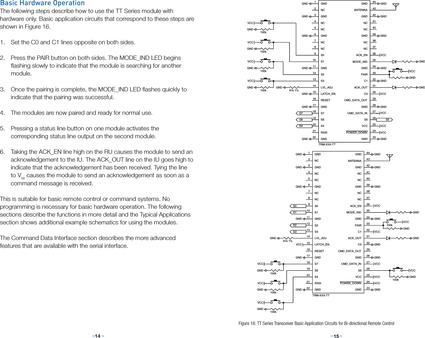–     – –     –14 15Basic Hardware OperationThe following steps describe how to use the TT Series module with hardware only. Basic application circuits that correspond to these steps are shown in Figure 16.1.  Set the C0 and C1 lines opposite on both sides.2.  Press the PAIR button on both sides. The MODE_IND LED begins ﬂashing slowly to indicate that the module is searching for another module.3.  Once the pairing is complete, the MODE_IND LED ﬂashes quickly to indicate that the pairing was successful.4.  The modules are now paired and ready for normal use.5.  Pressing a status line button on one module activates the corresponding status line output on the second module.6.  Taking the ACK_EN line high on the RU causes the module to send an acknowledgement to the IU. The ACK_OUT line on the IU goes high to indicate that the acknowledgement has been received. Tying the line to Vcc causes the module to send an acknowledgement as soon as a command message is received.This is suitable for basic remote control or command systems. No programming is necessary for basic hardware operation. The following sections describe the functions in more detail and the Typical Applications section shows additional example schematics for using the modules.The Command Data Interface section describes the more advanced features that are available with the serial interface.1TRM-XXX-TTNC2GND3NC4NC5GND6NC7S09S110GND11S718S619RSSI21GND22 GND23POWER_DOWN 24VCC25S5 26CMD_DATA_IN27S212GND17S313LVL_ADJ14LATCH_EN15RESET16NC8S420GNDGND28CMD_DATA_OUT29C0 30ACK_OUT31C1 32PAIR 33GND34MODE_IND 35ACK_EN 36NC 37NC 38GND39NC 40NC 41GND42ANTENNA 43GND44GNDGNDGNDGNDGNDGNDGNDGNDGNDGNDGNDGNDVCCVCCGND100k100k100k100kGND91k 1%GNDGNDGNDGNDVCCVCCVCCVCCGNDS7S6S4S5VCCGNDGNDGNDVCCVCCNC2GND3NC4NC5GND6NC7S09S110GND11S718S619RSSI21GND22 GND23POWER_DOWN24VCC25S5 26CMD_DATA_IN 27S212GND17S313LVL_ADJ14LATCH_EN15RESET16NC8S420GND1GND28CMD_DATA_OUT29C0 30ACK_OUT31C1 32PAIR 33GND34MODE_IND 35ACK_EN36NC 37NC 38GND39NC 40NC 41GND42ANTENNA 43GND44TRM-XXX-TTGNDGNDGNDGNDGNDGNDGNDGNDGNDGNDGNDGNDVCCVCCGND91k 1%GNDS0S1S2S3VCCGNDGND100kGNDVCC100k100k100kGNDGNDGNDGNDVCCVCCVCCVCCVCC100kVCCVCCVCC1TRM-XXX-TTNC2GND3NC4NC5GND6NC7S09S110GND11S718S619RSSI21GND22 GND23POWER_DOWN 24VCC25S5 26CMD_DATA_IN27S212GND17S313LVL_ADJ14LATCH_EN15RESET16NC8S420GNDGND28CMD_DATA_OUT29C0 30ACK_OUT31C1 32PAIR 33GND34MODE_IND 35ACK_EN 36NC 37NC 38GND39NC 40NC 41GND42ANTENNA 43GND44GNDGNDGNDGNDGNDGNDGNDGNDGNDGNDGNDGNDVCCVCCGND100k100k100k100kGND91k 1%GNDGNDGNDGNDVCCVCCVCCVCCGNDS7S6S4S5VCCGNDGNDGNDVCCVCCNC2GND3NC4NC5GND6NC7S09S110GND11S718S619RSSI21GND22 GND23POWER_DOWN24VCC25S5 26CMD_DATA_IN 27S212GND17S313LVL_ADJ14LATCH_EN15RESET16NC8S420GND1GND28CMD_DATA_OUT29C0 30ACK_OUT31C1 32PAIR 33GND34MODE_IND 35ACK_EN36NC 37NC 38GND39NC 40NC 41GND42ANTENNA 43GND44TRM-XXX-TTGNDGNDGNDGNDGNDGNDGNDGNDGNDGNDGNDGNDVCCVCCGND91k 1%GNDS0S1S2S3VCCGNDGND100kGNDVCC100k100k100kGNDGNDGNDGNDVCCVCCVCCVCCVCC100kVCCVCCVCCFigure 16: TT Series Transceiver Basic Application Circuits for Bi-directional Remote Control