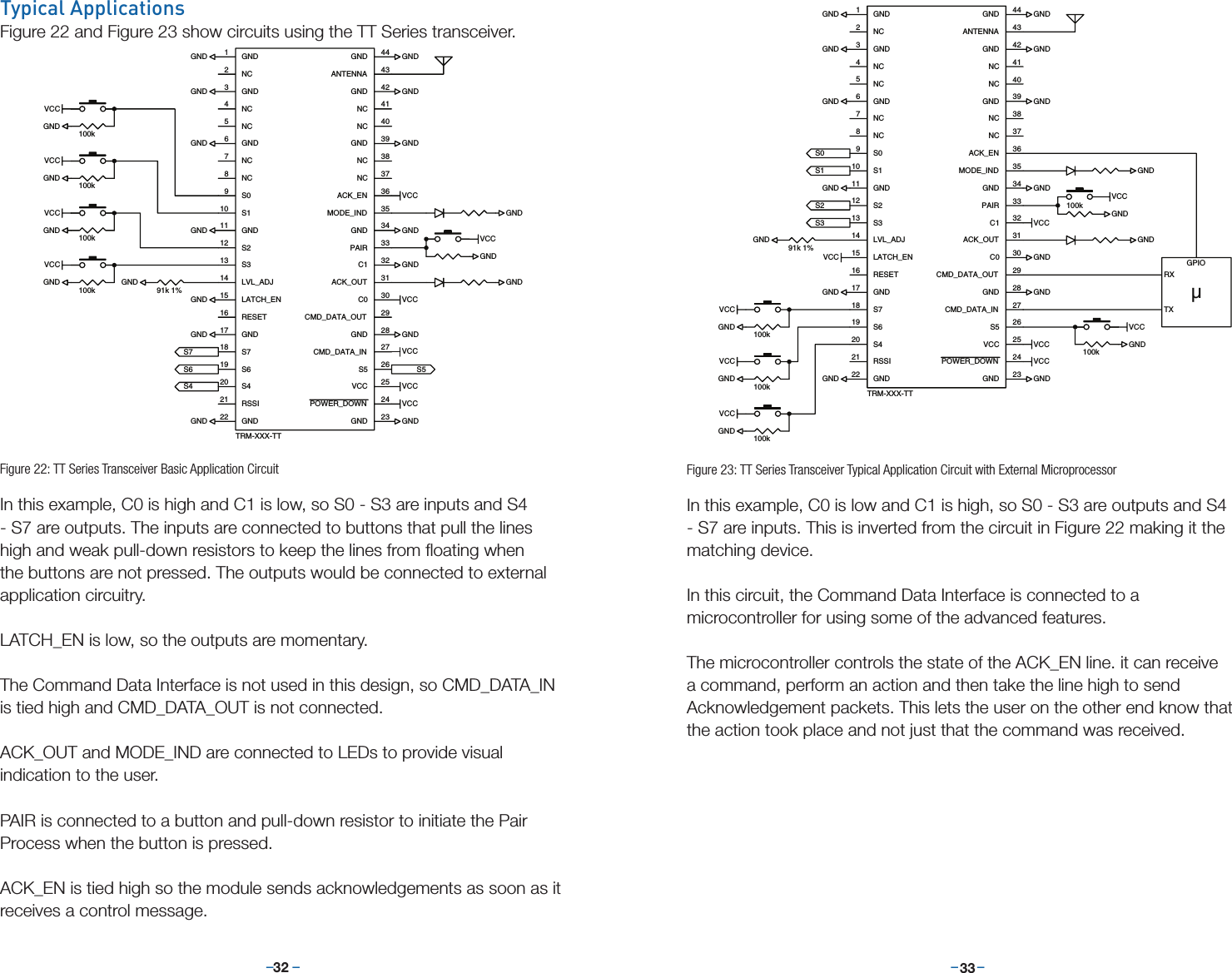 –     – –     –32 33In this example, C0 is low and C1 is high, so S0 - S3 are outputs and S4 - S7 are inputs. This is inverted from the circuit in Figure 22 making it the matching device.In this circuit, the Command Data Interface is connected to a microcontroller for using some of the advanced features. The microcontroller controls the state of the ACK_EN line. it can receive a command, perform an action and then take the line high to send Acknowledgement packets. This lets the user on the other end know that the action took place and not just that the command was received.Typical ApplicationsFigure 22 and Figure 23 show circuits using the TT Series transceiver.In this example, C0 is high and C1 is low, so S0 - S3 are inputs and S4 - S7 are outputs. The inputs are connected to buttons that pull the lines high and weak pull-down resistors to keep the lines from ﬂoating when the buttons are not pressed. The outputs would be connected to external application circuitry.LATCH_EN is low, so the outputs are momentary.The Command Data Interface is not used in this design, so CMD_DATA_IN is tied high and CMD_DATA_OUT is not connected.ACK_OUT and MODE_IND are connected to LEDs to provide visual indication to the user.PAIR is connected to a button and pull-down resistor to initiate the Pair Process when the button is pressed.ACK_EN is tied high so the module sends acknowledgements as soon as it receives a control message.1TRM-XXX-TTNC2GND3NC4NC5GND6NC7S09S110GND11S718S619RSSI21GND22 GND23POWER_DOWN 24VCC25S5 26CMD_DATA_IN27S212GND17S313LVL_ADJ14LATCH_EN15RESET16NC8S420GNDGND28CMD_DATA_OUT29C0 30ACK_OUT31C1 32PAIR 33GND34MODE_IND 35ACK_EN 36NC 37NC 38GND39NC 40NC 41GND42ANTENNA 43GND44GNDGNDGNDGNDGNDGNDGNDGNDGNDGNDGNDGNDVCCVCCGND100k100k100k100kGND91k 1%GNDGNDGNDGNDVCCVCCVCCVCCGNDS7S6S4S5VCCGNDGNDGNDVCCVCCNC2GND3NC4NC5GND6NC7S09S110GND11S718S619RSSI21GND22 GND23POWER_DOWN24VCC25S5 26CMD_DATA_IN 27S212GND17S313LVL_ADJ14LATCH_EN15RESET16NC8S420GND1GND28CMD_DATA_OUT29C0 30ACK_OUT31C1 32PAIR 33GND34MODE_IND 35ACK_EN36NC 37NC 38GND39NC 40NC 41GND42ANTENNA 43GND44TRM-XXX-TTGNDGNDGNDGNDGNDGNDGNDGNDGNDGNDGNDGNDVCCVCCGND91k 1%GNDS0S1S2S3VCCGNDGND100kGNDVCC100k100k100kGNDGNDGNDGNDVCCVCCVCCVCCVCC100kµVCCRXTXGPIOFigure 22: TT Series Transceiver Basic Application Circuit1TRM-XXX-TTNC2GND3NC4NC5GND6NC7S09S110GND11S718S619RSSI21GND22 GND23POWER_DOWN 24VCC25S5 26CMD_DATA_IN27S212GND17S313LVL_ADJ14LATCH_EN15RESET16NC8S420GNDGND28CMD_DATA_OUT29C0 30ACK_OUT31C1 32PAIR 33GND34MODE_IND 35ACK_EN 36NC 37NC 38GND39NC 40NC 41GND42ANTENNA 43GND44GNDGNDGNDGNDGNDGNDGNDGNDGNDGNDGNDGNDVCCVCCGND100k100k100k100kGND91k 1%GNDGNDGNDGNDVCCVCCVCCVCCGNDS7S6S4S5VCCGNDGNDGNDVCCVCCNC2GND3NC4NC5GND6NC7S09S110GND11S718S619RSSI21GND22 GND23POWER_DOWN24VCC25S5 26CMD_DATA_IN 27S212GND17S313LVL_ADJ14LATCH_EN15RESET16NC8S420GND1GND28CMD_DATA_OUT29C0 30ACK_OUT31C1 32PAIR 33GND34MODE_IND 35ACK_EN36NC 37NC 38GND39NC 40NC 41GND42ANTENNA 43GND44TRM-XXX-TTGNDGNDGNDGNDGNDGNDGNDGNDGNDGNDGNDGNDVCCVCCGND91k 1%GNDS0S1S2S3VCCGNDGND100kGNDVCC100k100k100kGNDGNDGNDGNDVCCVCCVCCVCCVCC100kµVCCRXTXGPIOFigure 23: TT Series Transceiver Typical Application Circuit with External Microprocessor