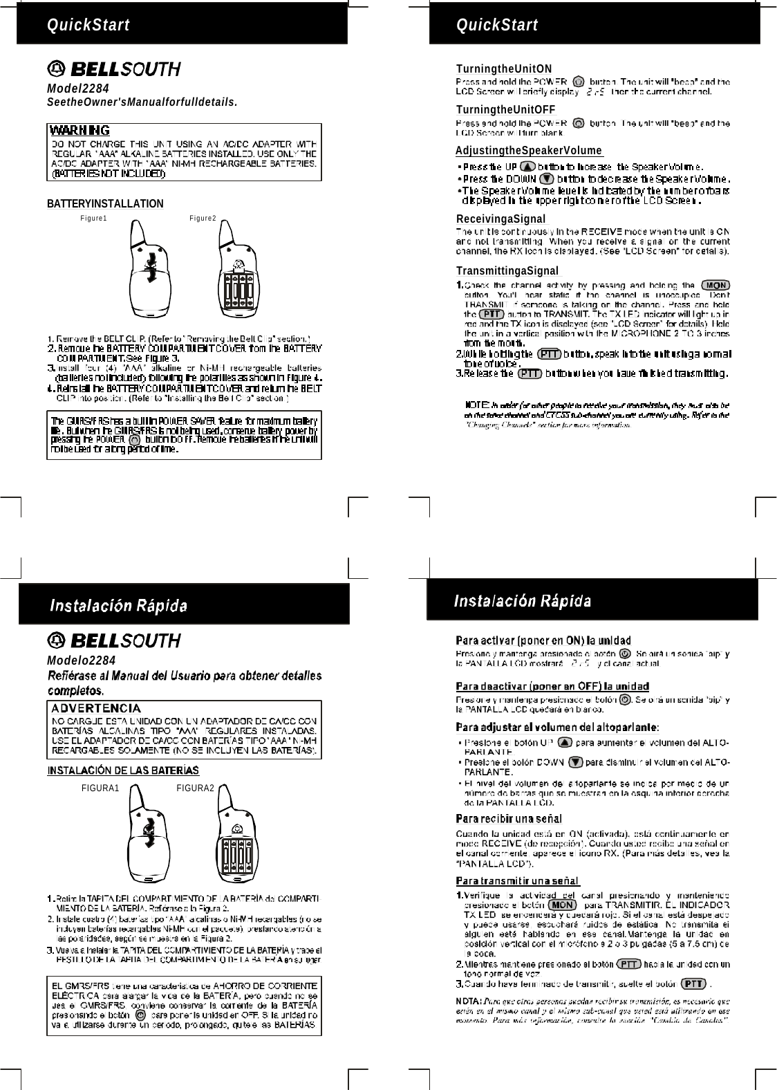 Figure1 Figure2QuickStartModel2284SeetheOwner&apos;sManualforfulldetails.Modelo2284BATTERYINSTALLATIONQuickStartTurningtheUnitONTurningtheUnitOFFReceivingaSignalAdjustingtheSpeakerVolumeTransmittingaSignalFIGURA1 FIGURA2