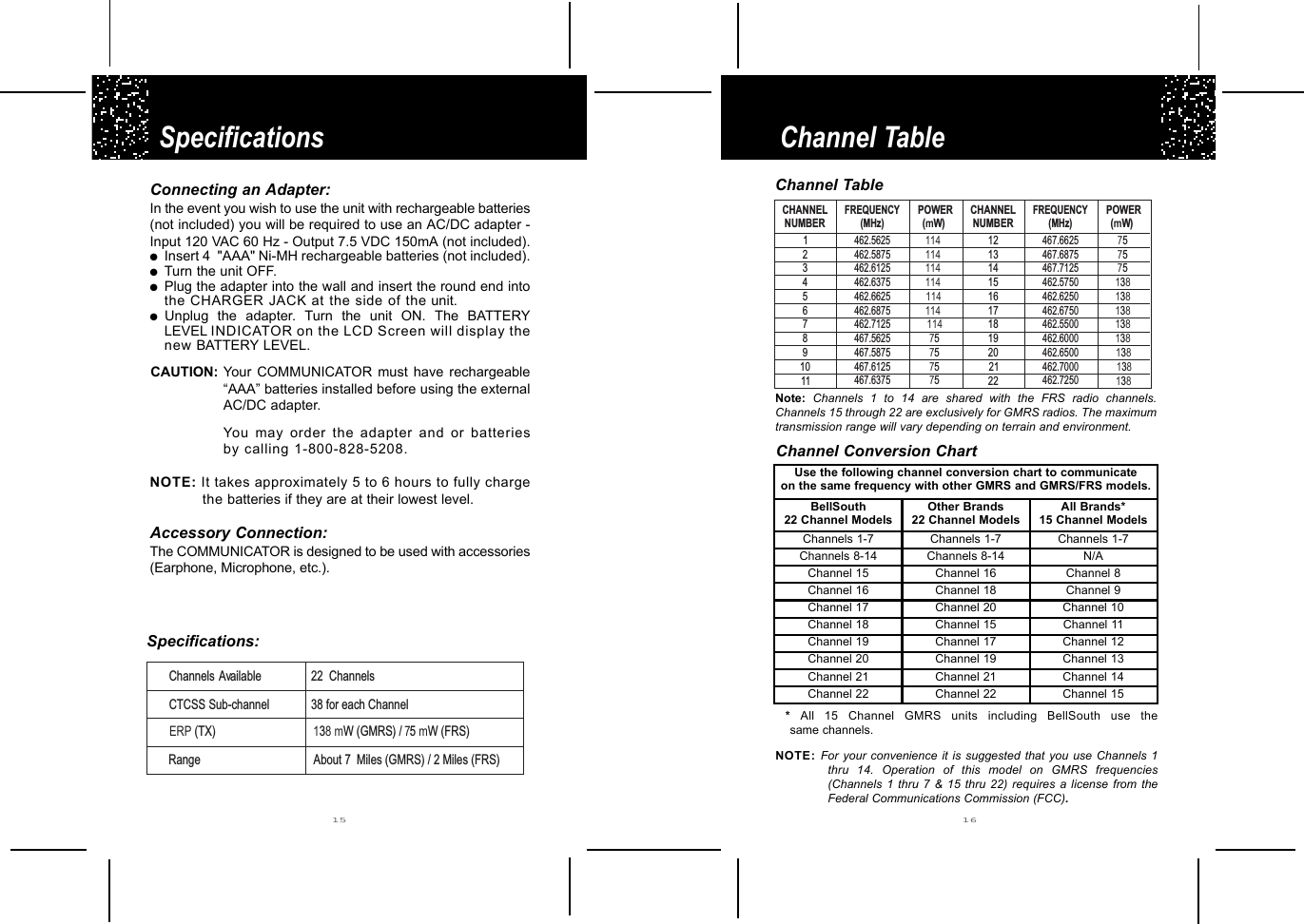Specifications:Channel Table Specifications 15 16*  All 15 Channel GMRS units including BellSouth use the same channels.NOTE: For your convenience it is suggested that you use Channels 1thru 14. Operation of this model on GMRS frequencies(Channels 1 thru 7 &amp; 15 thru 22) requires a license from theFederal Communications Commission (FCC).Use the following channel conversion chart to communicateon the same frequency with other GMRS and GMRS/FRS models.BellSouth22 Channel ModelsOther Brands22 Channel ModelsAll Brands*15 Channel ModelsChannels 1-7 Channels 1-7 Channels 1-7Channels 8-14 Channels 8-14 N/AChannel 15 Channel 16 Channel 8Channel 16 Channel 18 Channel 9Channel 17 Channel 20 Channel 10Channel 18 Channel 15 Channel 11Channel 19 Channel 17 Channel 12Channel 20 Channel 19 Channel 13Channel 21 Channel 21 Channel 14Channel 22 Channel 22 Channel 15Note:  Channels 1 to 14 are shared with the FRS radio channels.Channels 15 through 22 are exclusively for GMRS radios. The maximumtransmission range will vary depending on terrain and environment.Connecting an Adapter:In the event you wish to use the unit with rechargeable batteries(not included) you will be required to use an AC/DC adapter -Input 120 VAC 60 Hz - Output 7.5 VDC 150mA (not included).●Insert 4  &quot;AAA&quot; Ni-MH rechargeable batteries (not included).●Turn the unit OFF.●Plug the adapter into the wall and insert the round end intothe CHARGER JACK at the side of the unit.●Unplug the adapter. Turn the unit ON. The BATTERYLEVEL INDICATOR on the LCD Screen will display thenew BATTERY LEVEL.CAUTION: Your COMMUNICATOR must have rechargeable“AAA” batteries installed before using the externalAC/DC adapter.You may order the adapter and or batteriesby calling 1-800-828-5208.NOTE: It takes approximately 5 to 6 hours to fully chargethe batteries if they are at their lowest level.Accessory Connection:The COMMUNICATOR is designed to be used with accessories(Earphone, Microphone, etc.).22 Channels38 for each Channel138 mW(GMRS )/7             5 mW(FRS)About 7 Miles (GMRS) / 2 Miles (FRS)Channels AvailableCTCSS Sub-channelERP (TX)RangeChannel TablePOWER(mW)POWER(mW)FREQUENCY(MHz)15467.6625467.6875467.712516171819202122CHANNELNUMBERCHANNELNUMBER123456789101112131411411411411411411411413813813813813813813813875757575757575FREQUENCY(MHz)467.5625467.5875467.6125467.6375462.5625462.5875462.6125462.6375462.6625462.6875462.7125462.5750462.6250462.6750462.5500462.6000462.6500462.7000462.7250Channel Conversion Chart