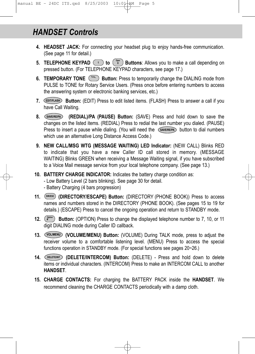 HANDSET Controls4. HEADSET JACK: For connecting your headset plug to enjoy hands-free communication. (See page 11 for detail.)5. TELEPHONE KEYPAD          to          Buttons: Allows you to make a call depending on pressed button. (For TELEPHONE KEYPAD characters, see page 17.)6. TEMPORARY TONE           Button: Press to temporarily change the DIALING mode from PULSE to TONE for Rotary Service Users. (Press once before entering numbers to accessthe answering system or electronic banking services, etc.)7. Button: (EDIT) Press to edit listed items. (FLASH) Press to answer a call if youhave Call Waiting.8. (REDIAL)/PA (PAUSE) Button: (SAVE) Press and hold down to save the changes on the listed items. (REDIAL) Press to redial the last number you dialed. (PAUSE)Press to insert a pause while dialing. (You will need the                button to dial numberswhich use an alternative Long Distance Access Code.) 9. NEW CALL/MSG WTG (MESSAGE WAITING) LED Indicator: (NEW CALL) Blinks REDto indicate that you have a new Caller ID call stored in memory. (MESSAGE WAITING) Blinks GREEN when receiving a Message Waiting signal, if you have subscribed to a Voice Mail message service from your local telephone company. (See page 13.)10. BATTERY CHARGE INDICATOR: Indicates the battery charge condition as:- Low Battery Level (2 bars blinking). See page 30 for detail.- Battery Charging (4 bars progression)11. (DIRECTORY/ESCAPE) Button: (DIRECTORY (PHONE BOOK)) Press to accessnames and numbers stored in the DIRECTORY (PHONE BOOK). (See pages 15 to 19 fordetails.) (ESCAPE) Press to cancel the ongoing operation and return to STANDBY mode.12. Button: (OPTION) Press to change the displayed telephone number to 7, 10, or 11digit DIALING mode during Caller ID callback. 13. (VOLUME/MENU) Button: (VOLUME) During TALK mode, press to adjust thereceiver volume to a comfortable listening level. (MENU) Press to access the specialfunctions operation in STANDBY mode. (For special functions see pages 20~26.) 14. (DELETE/INTERCOM) Button: (DELETE) - Press and hold down to deleteitems or individual characters. (INTERCOM) Press to make an INTERCOM CALL to another HANDSET.15. CHARGE CONTACTS: For charging the BATTERY PACK inside the HANDSET. We recommend cleaning the CHARGE CONTACTS periodically with a damp cloth.     EDIT/FLASHDELETE/INT1Oper0Tone*SAVE/RE/PASAVE/RE/PADIR/ESCOption#VOL/MENUmanual BE - 24DC ITS.qxd  8/25/2003  10:01 AM  Page 5