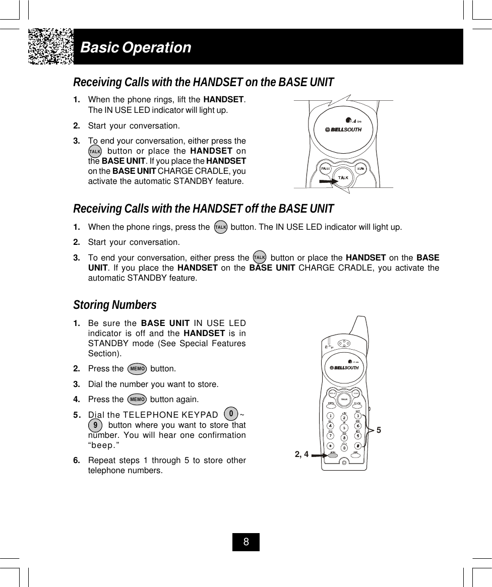 8Basic OperationReceiving Calls with the HANDSET on the BASE UNIT1. When the phone rings, lift the HANDSET.The IN USE LED indicator will light up.2. Start your conversation.3. To end your conversation, either press the     button or place the HANDSET onthe BASE UNIT. If you place the HANDSETon the BASE UNIT CHARGE CRADLE, youactivate the automatic STANDBY feature.Receiving Calls with the HANDSET off the BASE UNIT1. When the phone rings, press the         button. The IN USE LED indicator will light up.2. Start your conversation.3. To end your conversation, either press the       button or place the HANDSET on the BASEUNIT. If you place the HANDSET on the BASE UNIT CHARGE CRADLE, you activate theautomatic STANDBY feature.Storing Numbers1. Be sure the BASE UNIT IN USE LEDindicator is off and the HANDSET is inSTANDBY mode (See Special FeaturesSection).2. Press the           button.3. Dial the number you want to store.4. Press the           button again.5. Dial the TELEPHONE KEYPAD         ~      button where you want to store thatnumber. You will hear one confirmation“beep.”6. Repeat steps 1 through 5 to store othertelephone numbers.TALK09TALKTALKMEMOMEMOTALKSCANREDIAL2, 45.42GHz