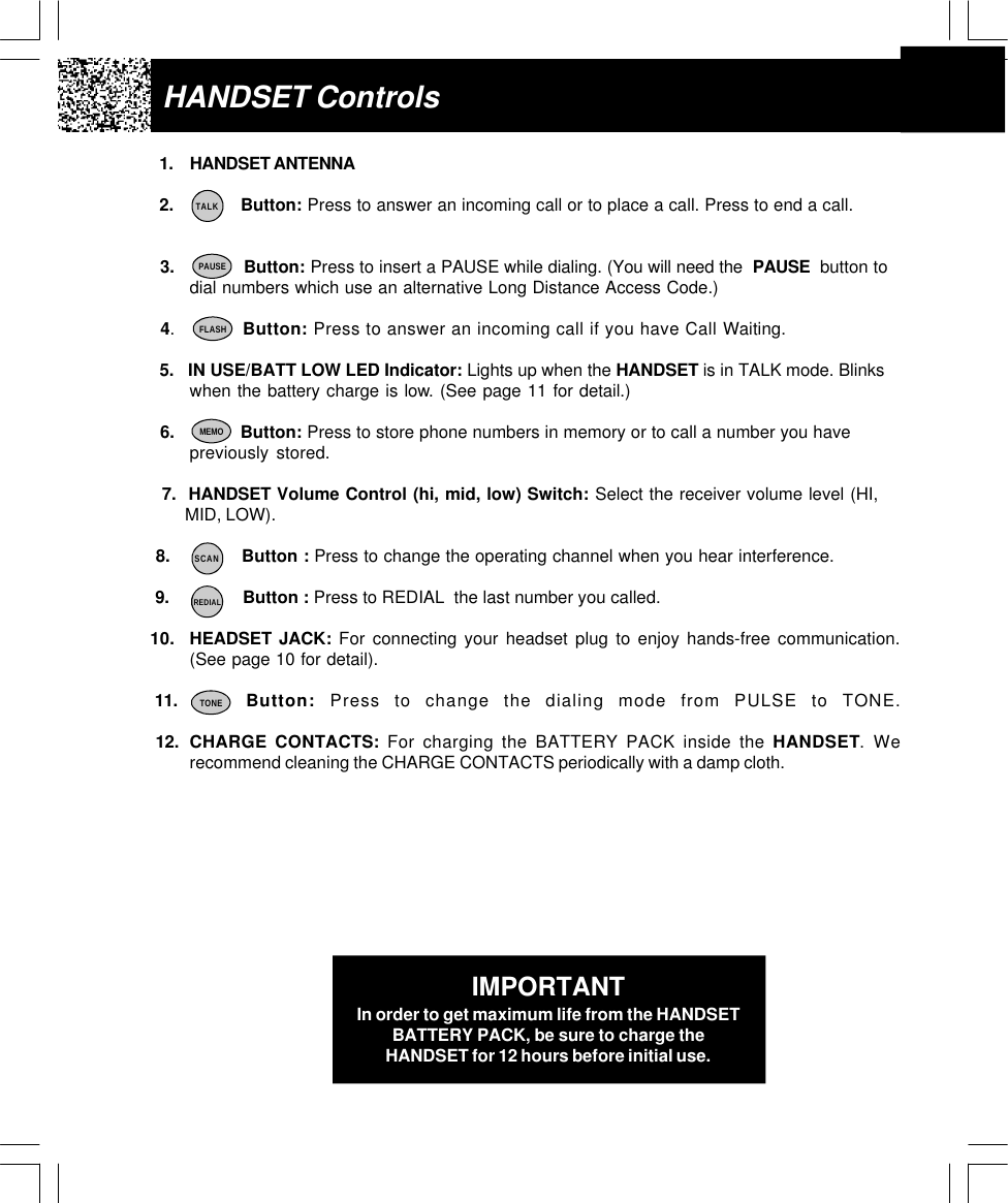IMPORTANTIn order to get maximum life from the HANDSETBATTERY PACK, be sure to charge theHANDSET for 12 hours before initial use.HANDSET Controls1. HANDSET ANTENNA2.             Button: Press to answer an incoming call or to place a call. Press to end a call.  3.              Button: Press to insert a PAUSE while dialing. (You will need the  PAUSE  button to       dial numbers which use an alternative Long Distance Access Code.)  4.             Button: Press to answer an incoming call if you have Call Waiting.  5.   IN USE/BATT LOW LED Indicator: Lights up when the HANDSET is in TALK mode. Blinkswhen the battery charge is low. (See page 11 for detail.)  6.             Button: Press to store phone numbers in memory or to call a number you havepreviously stored.  7.  HANDSET Volume Control (hi, mid, low) Switch: Select the receiver volume level (HI,        MID, LOW). 8.             Button : Press to change the operating channel when you hear interference. 9.            Button : Press to REDIAL  the last number you called.10. HEADSET JACK: For connecting your headset plug to enjoy hands-free communication.(See page 10 for detail). 11.     Button: Press to change the dialing mode from PULSE to TONE. 12. CHARGE CONTACTS: For charging the BATTERY PACK inside the HANDSET. Werecommend cleaning the CHARGE CONTACTS periodically with a damp cloth.SCANREDIALPAUSEMEMOFLASHTALKTONE