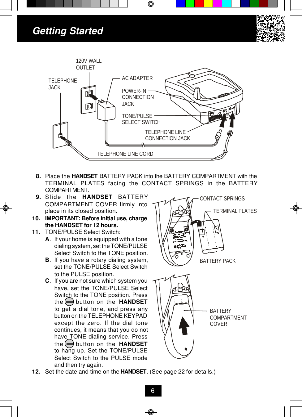 Getting Started8. Place the HANDSET BATTERY PACK into the BATTERY COMPARTMENT with theTERMINAL PLATES facing the CONTACT SPRINGS in the BATTERYCOMPARTMENT.9. Slide the HANDSET BATTERYCOMPARTMENT COVER firmly intoplace in its closed position.10. IMPORTANT: Before initial use, chargethe HANDSET for 12 hours.11. TONE/PULSE Select Switch:A.If your home is equipped with a tonedialing system, set the TONE/PULSESelect Switch to the TONE position.B.If you have a rotary dialing system,set the TONE/PULSE Select Switchto the PULSE position.C.If you are not sure which system youhave, set the TONE/PULSE SelectSwitch to the TONE position. Pressthe     button on the  HANDSETto get a dial tone, and press anybutton on the TELEPHONE KEYPADexcept the zero. If the dial tonecontinues, it means that you do nothave TONE dialing service. Pressthe     button on the  HANDSETto hang up. Set the TONE/PULSESelect Switch to the PULSE modeand then try again.12. Set the date and time on the HANDSET. (See page 22 for details.)6TERMINAL PLATESBATTERY COMPARTMENTCOVERBATTERY PACKCONTACT SPRINGSAC ADAPTERTELEPHONE LINE CORDTELEPHONEJACK120V WALLOUTLETTONE/PULSESELECT SWITCHTELEPHONE LINECONNECTION JACKPOWER-INCONNECTION JACK