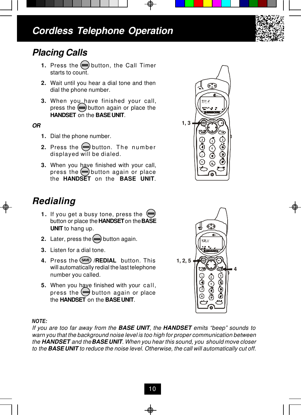 Cordless Telephone OperationPlacing Calls1. Press the     button, the Call Timerstarts to count.2. Wait until you hear a dial tone and thendial the phone number.3. When you have finished your call,press the      button again or place theHANDSET on the BASE UNIT.OR1. Dial the phone number.2. Press the     button.  The numberdisplayed will be dialed.3. When you have finished with your call,press the     button again or placethe  HANDSET  on the  BASE UNIT.Redialing1. If you get a busy tone, press thebutton or place the HANDSET on the BASEUNIT to hang up.2. Later, press the        button again.3. Listen for a dial tone.4. Press the       /REDIAL  button. Thiswill automatically redial the last telephonenumber you called.5. When you have finished with your  call,press the     button again or placethe HANDSET on the BASE UNIT.NOTE:If you are too far away from the BASE UNIT, the HANDSET emits “beep” sounds towarn you that the background noise level is too high for proper communication betweenthe HANDSET and the BASE UNIT. When you hear this sound, you  should move closerto the BASE UNIT to reduce the noise level. Otherwise, the call will automatically cut off.10SAVE1, 3.42GHzTALK1, 2, 54.42GHzTALK