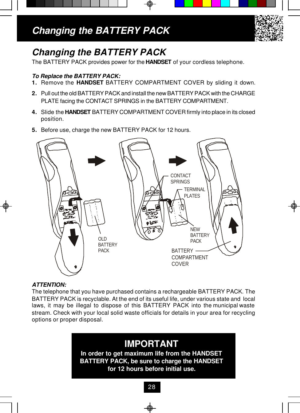 Changing the BATTERY PACKThe BATTERY PACK provides power for the HANDSET of your cordless telephone.To Replace the BATTERY PACK:1. Remove the HANDSET BATTERY COMPARTMENT COVER by sliding it down.2. Pull out the old BATTERY PACK and install the new BATTERY PACK with the CHARGEPLATE facing the CONTACT SPRINGS in the BATTERY COMPARTMENT.4. Slide the HANDSET BATTERY COMPARTMENT COVER firmly into place in its closedposition.5. Before use, charge the new BATTERY PACK for 12 hours.Changing the BATTERY PACKATTENTION:The telephone that you have purchased contains a rechargeable BATTERY PACK. TheBATTERY PACK is recyclable. At the end of its useful life, under various state and  locallaws,  it  may  be  illegal  to  dispose  of  this  BATTERY  PACK  into  the municipal wastestream. Check with your local solid waste officials for details in your area for recyclingoptions or proper disposal.IMPORTANTIn order to get maximum life from the HANDSETBATTERY PACK, be sure to charge the HANDSETfor 12 hours before initial use.TERMINAL PLATESBATTERY COMPARTMENTCOVERCONTACT SPRINGSOLDBATTERY PACKNEWBATTERY PACK28