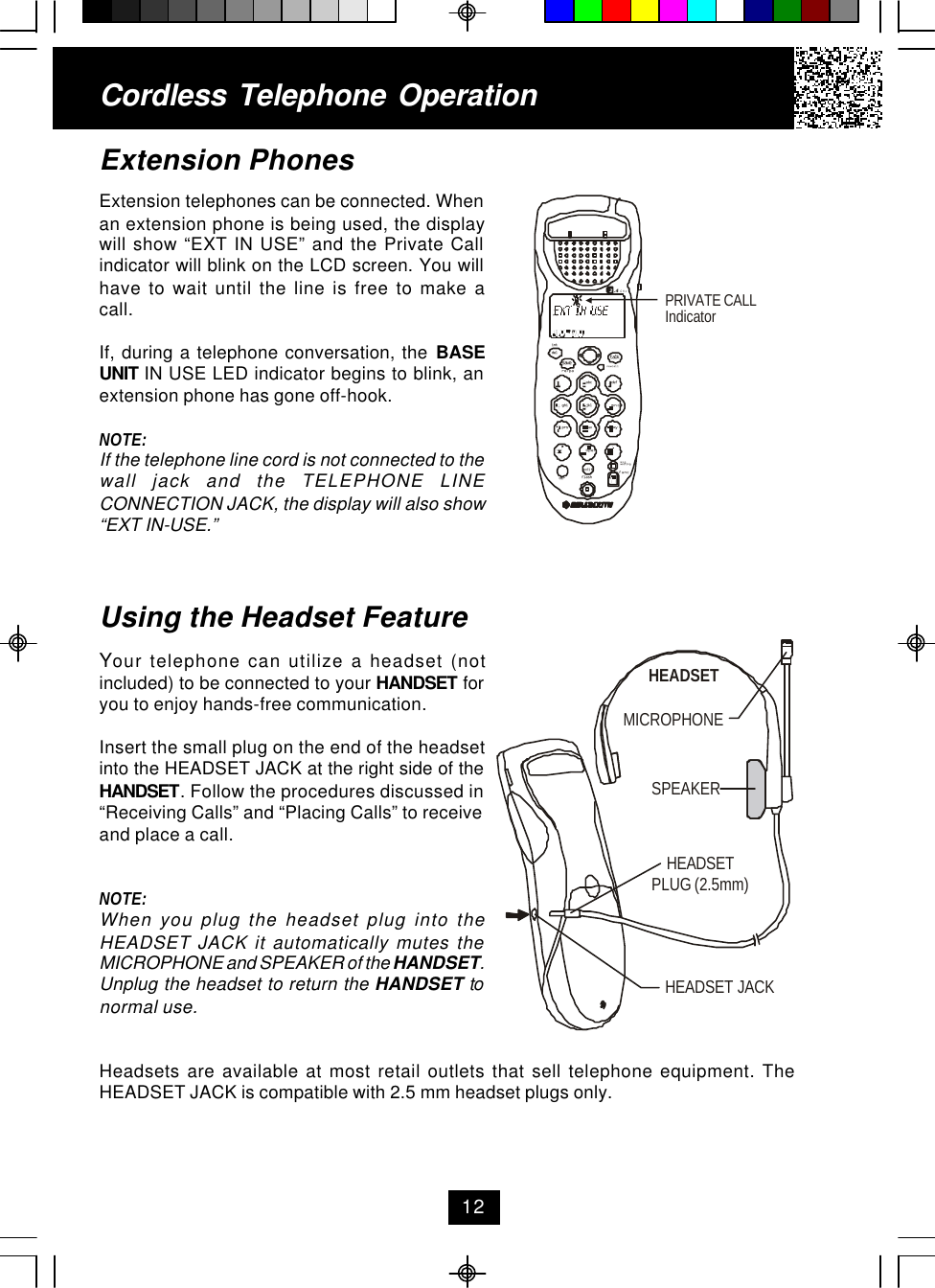 Extension PhonesExtension telephones can be connected. Whenan extension phone is being used, the displaywill show “EXT IN USE” and the Private Callindicator will blink on the LCD screen. You willhave to wait until the line is free to make acall.If, during a telephone conversation, the BASEUNIT IN USE LED indicator begins to blink, anextension phone has gone off-hook.NOTE:If the telephone line cord is not connected to thewall jack and the TELEPHONE LINECONNECTION JACK, the display will also show“EXT IN-USE.”Using the Headset FeatureYour telephone can utilize a headset (notincluded) to be connected to your HANDSET foryou to enjoy hands-free communication.Insert the small plug on the end of the headsetinto the HEADSET JACK at the right side of theHANDSET. Follow the procedures discussed in“Receiving Calls” and “Placing Calls” to receiveand place a call.NOTE:When you plug the headset plug into theHEADSET JACK it automatically mutes theMICROPHONE and SPEAKER of the HANDSET.Unplug the headset to return the HANDSET tonormal use.Headsets are available at most retail outlets that sell telephone equipment. TheHEADSET JACK is compatible with 2.5 mm headset plugs only.Cordless Telephone Operation12defopertuvjklghi mnoprs wxyabc.42GHztalknew calldelre/paintsavemsg waitingflashdiredit funcPRIVATE CALLIndicatorMICROPHONEHEADSETSPEAKERHEADSET JACKHEADSETPLUG (2.5mm)