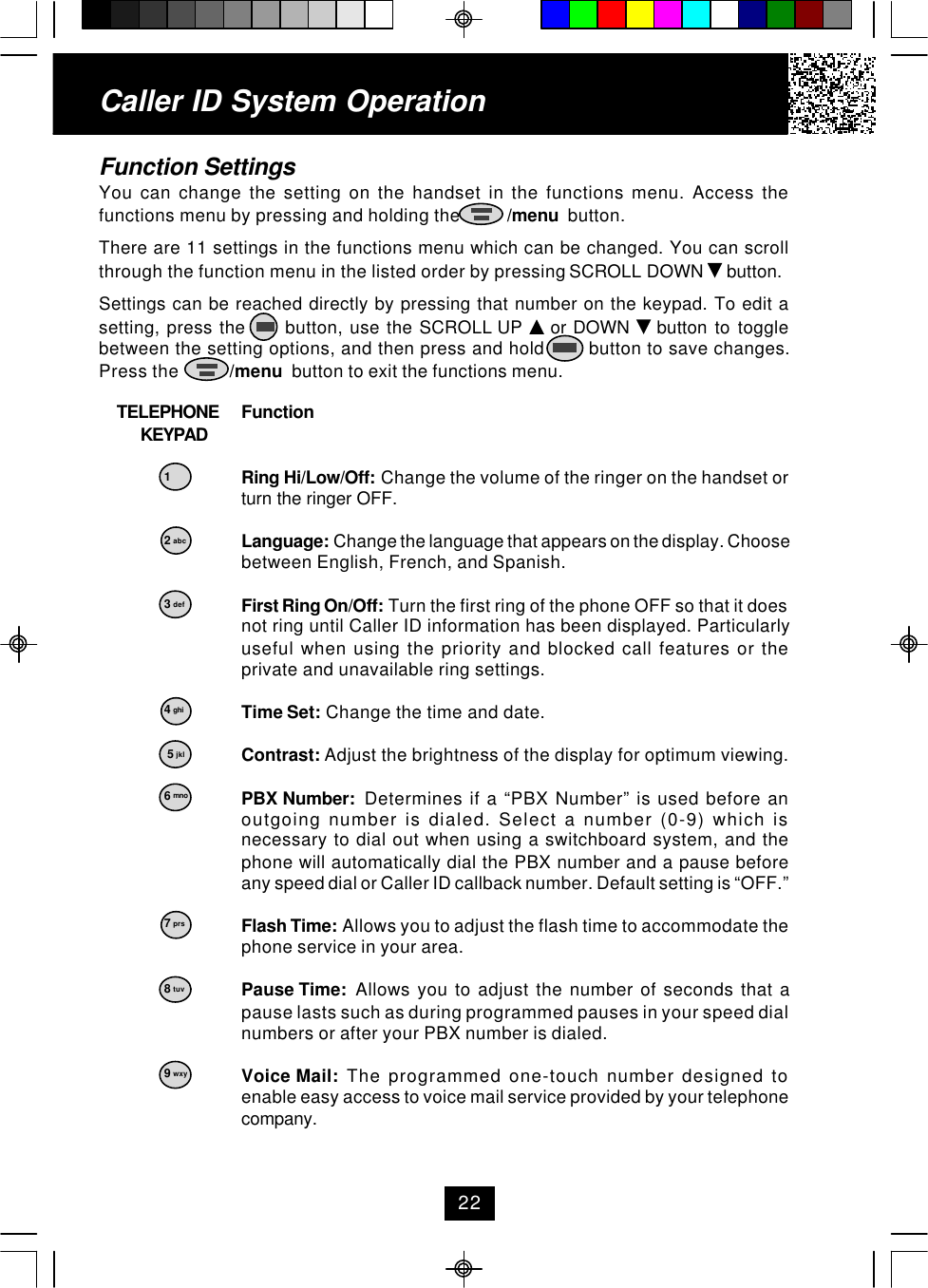 Caller ID System OperationFunction SettingsYou can change the setting on the handset in the functions menu. Access thefunctions menu by pressing and holding the          /menu  button.There are 11 settings in the functions menu which can be changed. You can scrollthrough the function menu in the listed order by pressing SCROLL DOWN   button.Settings can be reached directly by pressing that number on the keypad. To edit asetting, press the      button, use the SCROLL UP   or DOWN   button to togglebetween the setting options, and then press and hold        button to save changes.Press the           /menu  button to exit the functions menu.    TELEPHONE Function         KEYPAD1Ring Hi/Low/Off: Change the volume of the ringer on the handset orturn the ringer OFF.2Language: Change the language that appears on the display. Choosebetween English, French, and Spanish.3First Ring On/Off: Turn the first ring of the phone OFF so that it doesnot ring until Caller ID information has been displayed. Particularlyuseful when using the priority and blocked call features or theprivate and unavailable ring settings.4Time Set: Change the time and date.5Contrast: Adjust the brightness of the display for optimum viewing.6PBX Number:  Determines if a “PBX Number” is used before anoutgoing number is dialed. Select a number (0-9) which isnecessary to dial out when using a switchboard system, and thephone will automatically dial the PBX number and a pause beforeany speed dial or Caller ID callback number. Default setting is “OFF.”7Flash Time: Allows you to adjust the flash time to accommodate thephone service in your area.8Pause Time:  Allows you to adjust the number of seconds that apause lasts such as during programmed pauses in your speed dialnumbers or after your PBX number is dialed.9Voice Mail:  The programmed one-touch number designed toenable easy access to voice mail service provided by your telephonecompany.2 abc13 def4 ghi5 jkl6 mno7 prs8 tuv9 wxy22