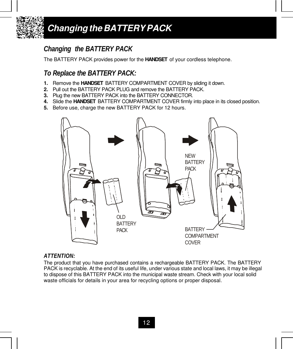 12Changing the BATTERY PACKChanging  the BATTERY PACKThe BATTERY PACK provides power for the HANDSET  of your cordless telephone.To Replace the BATTERY PACK:1. Remove the HANDSET  BATTERY COMPARTMENT COVER by sliding it down.2. Pull out the BATTERY PACK PLUG and remove the BATTERY PACK.3. Plug the new BATTERY PACK into the BATTERY CONNECTOR.4. Slide the HANDSET  BATTERY COMPARTMENT COVER firmly into place in its closed position.5. Before use, charge the new BATTERY PACK for 12 hours.ATTENTION:The product that you have purchased contains a rechargeable BATTERY PACK. The BATTERYPACK is recyclable. At the end of its useful life, under various state and local laws, it may be illegalto dispose of this BATTERY PACK into the municipal waste stream. Check with your local solidwaste officials for details in your area for recycling options or proper disposal.OLDBATTERY PACKNEWBATTERY PACKBATTERY COMPARTMENTCOVER