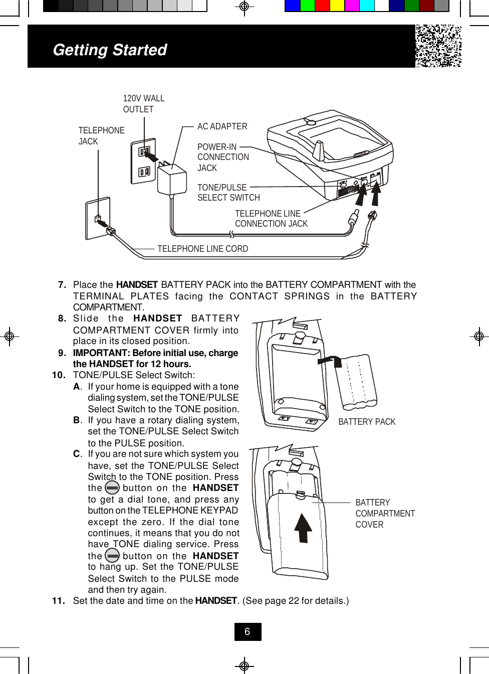 Getting Started7. Place the HANDSET BATTERY PACK into the BATTERY COMPARTMENT with theTERMINAL PLATES facing the CONTACT SPRINGS in the BATTERYCOMPARTMENT.8. Slide the HANDSET BATTERYCOMPARTMENT COVER firmly intoplace in its closed position.9. IMPORTANT: Before initial use, chargethe HANDSET for 12 hours.10. TONE/PULSE Select Switch:A.If your home is equipped with a tonedialing system, set the TONE/PULSESelect Switch to the TONE position.B.If you have a rotary dialing system,set the TONE/PULSE Select Switchto the PULSE position.C.If you are not sure which system youhave, set the TONE/PULSE SelectSwitch to the TONE position. Pressthe     button on the  HANDSETto get a dial tone, and press anybutton on the TELEPHONE KEYPADexcept the zero. If the dial tonecontinues, it means that you do nothave TONE dialing service. Pressthe     button on the  HANDSETto hang up. Set the TONE/PULSESelect Switch to the PULSE modeand then try again.11. Set the date and time on the HANDSET. (See page 22 for details.)6AC ADAPTERTELEPHONE LINE CORDTELEPHONEJACK120V WALLOUTLETTONE/PULSESELECT SWITCHTELEPHONE LINECONNECTION JACKPOWER-INCONNECTION JACKBATTERY PACKBATTERY COMPARTMENTCOVER