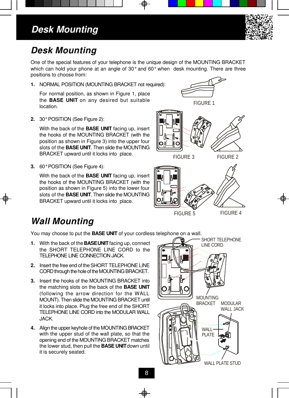 Desk MountingOne of the special features of your telephone is the unique design of the MOUNTING BRACKETwhich can hold your phone at an angle of 30° and 60° when  desk mounting. There are threepositions to choose from:1. NORMAL POSITION (MOUNTING BRACKET not required):For normal position, as shown in Figure 1, placethe  BASE UNIT on any desired but suitablelocation.2. 30° POSITION (See Figure 2):With the back of the BASE UNIT facing up, insertthe hooks of the MOUNTING BRACKET (with theposition as shown in Figure 3) into the upper fourslots of the BASE UNIT. Then slide the MOUNTINGBRACKET upward until it locks into  place.3. 60° POSITION (See Figure 4):With the back of the BASE UNIT facing up, insertthe hooks of the MOUNTING BRACKET (with theposition as shown in Figure 5) into the lower fourslots of the BASE UNIT. Then slide the MOUNTINGBRACKET upward until it locks into  place.Wall MountingYou may choose to put the BASE UNIT of your cordless telephone on a wall.1. With the back of the BASE UNIT facing up, connectthe SHORT TELEPHONE LINE CORD to theTELEPHONE LINE CONNECTION JACK.2. Insert the free end of the SHORT TELEPHONE LINECORD through the hole of the MOUNTING BRACKET.3. Insert the hooks of the MOUNTING BRACKET intothe matching slots on the back of the BASE UNIT(following the arrow direction for the WALLMOUNT). Then slide the MOUNTING BRACKET untilit locks into place. Plug the free end of the SHORTTELEPHONE LINE CORD into the MODULAR WALLJACK.4. Align the upper keyhole of the MOUNTING BRACKETwith the upper stud of the wall plate, so that theopening end of the MOUNTING BRACKET matchesthe lower stud, then pull the BASE UNIT down untilit is securely seated.Desk Mounting8FIGURE 2FIGURE 3FIGURE 1FIGURE 5FIGURE 4MOUNTINGBRACKET MODULAR WALL JACKWALL PLATEWALL PLATE STUDSHORT TELEPHONELINE CORD