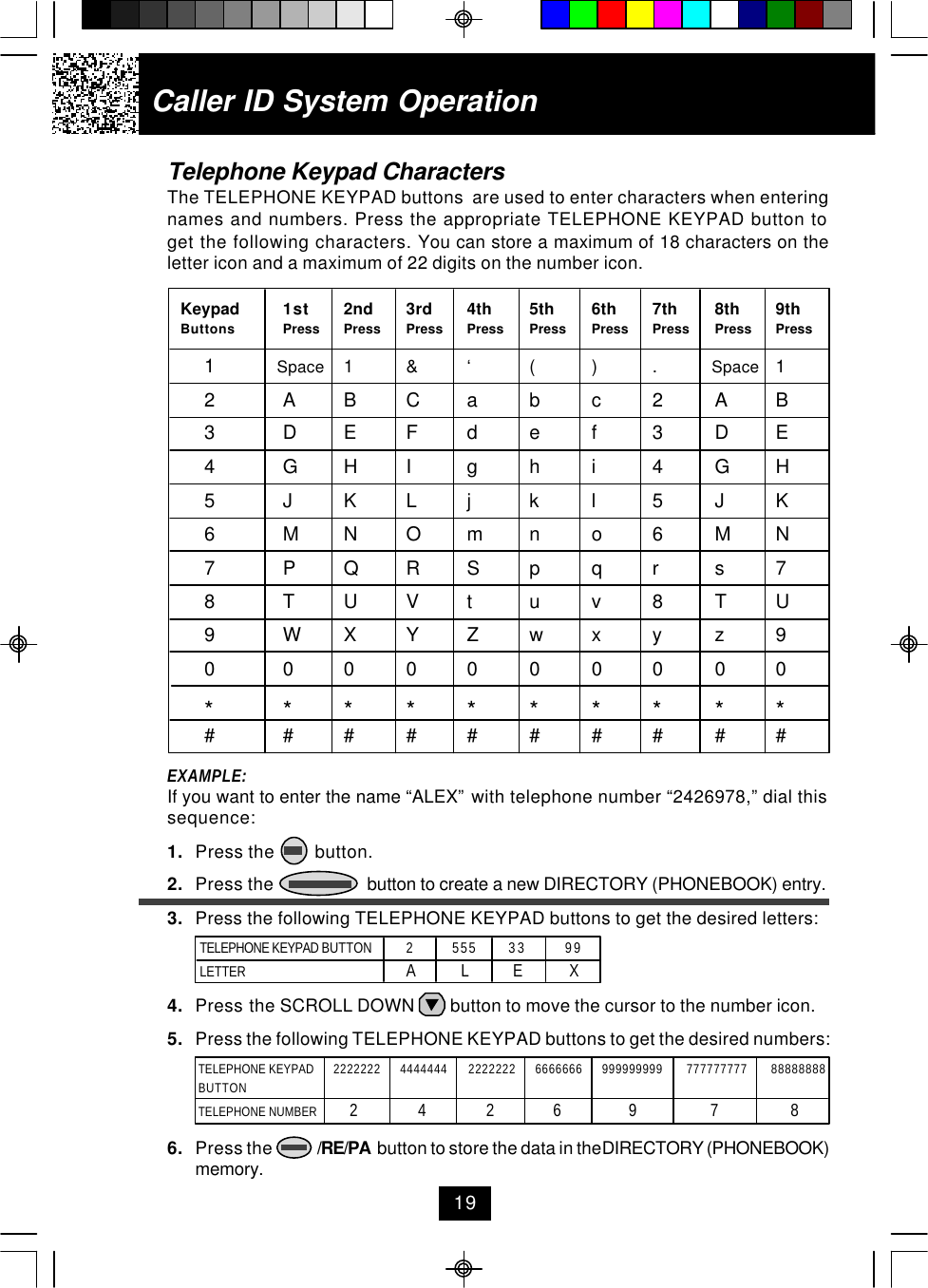 Caller ID System Operation19Telephone Keypad CharactersThe TELEPHONE KEYPAD buttons  are used to enter characters when enteringnames and numbers. Press the appropriate TELEPHONE KEYPAD button toget the following characters. You can store a maximum of 18 characters on theletter icon and a maximum of 22 digits on the number icon.EXAMPLE:If you want to enter the name “ALEX” with telephone number “2426978,” dial thissequence:1. Press the         button.2. Press the                     button to create a new DIRECTORY (PHONEBOOK) entry.3. Press the following TELEPHONE KEYPAD buttons to get the desired letters:4. Press the SCROLL DOWN        button to move the cursor to the number icon.5. Press the following TELEPHONE KEYPAD buttons to get the desired numbers:6. Press the              /RE/PA  button to store the data in the DIRECTORY (PHONEBOOK)memory. Keypad 1st 2nd 3rd 4th 5th 6th 7th 8th 9th Buttons Press Press Press Press Press Press Press Press Press1   Space 1&amp;‘( ) .          Space 12A B Cabc2A B3DEFdef3DE4GHIghi4GH5JKLjkl5JK6MNOmno6MN7PQRSp q rs78TUVtuv8TU9WX Y Zwxyz90 0 0 0 0 0 0 0 0 0* * * * * * * * * *# # # # # # # # # #TELEPHONE KEYPAD BUTTON    2555 33 99LETTER   A   L  E  XTELEPHONE KEYPAD 2222222 4444444 2222222 6666666 999999999 777777777 88888888BUTTONTELEPHONE NUMBER      2    4     2     6  9     7   8