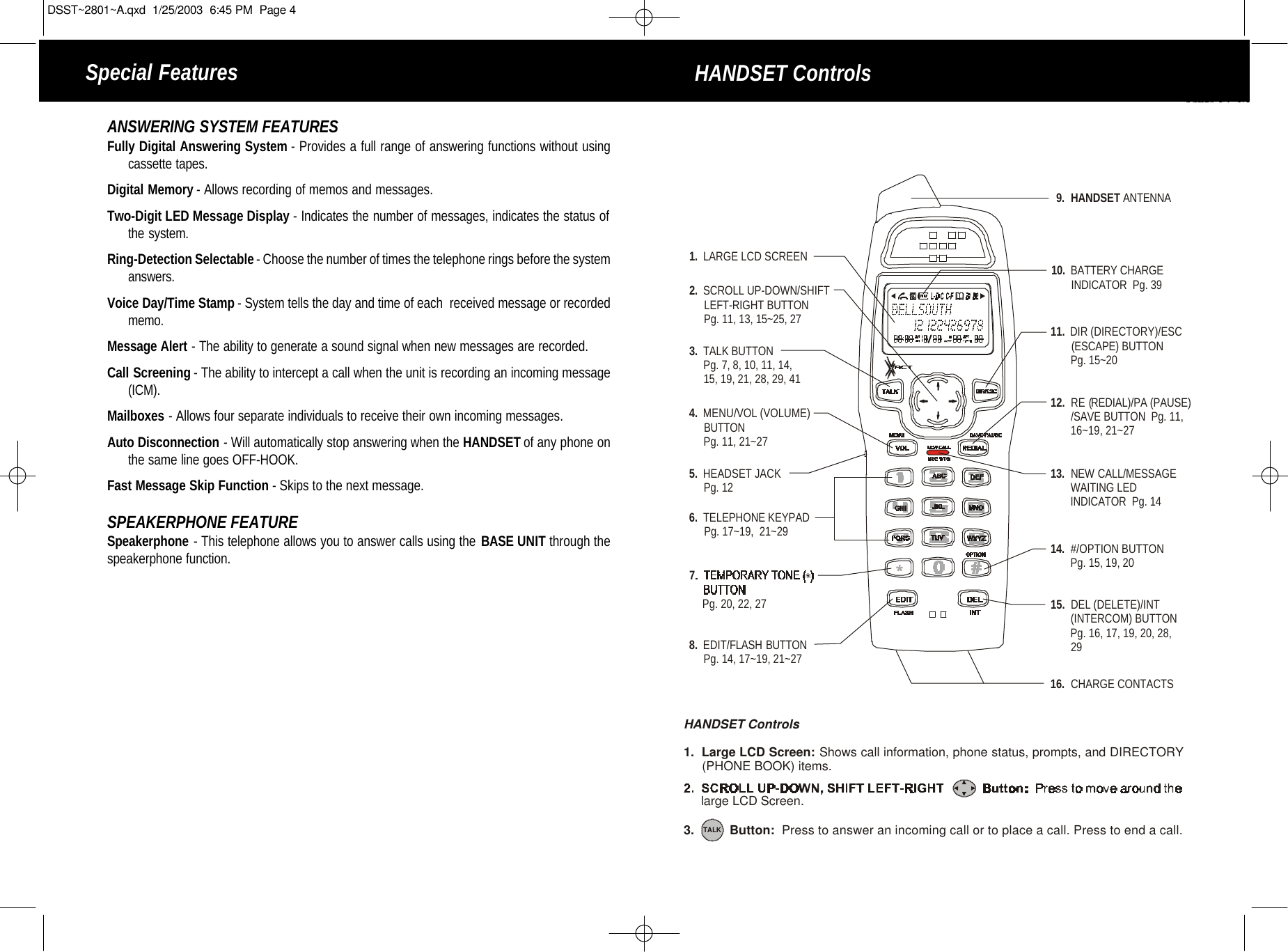 HANDSET Controls1.  LARGE LCD SCREEN11.  DIR (DIRECTORY)/ESC       (ESCAPE) BUTTON       Pg. 15~2015.    DEL (DELETE)/INT       (INTERCOM) BUTTON        Pg. 16, 17, 19, 20, 28,       2912.  RE (  REDIAL)/PA (PAUSE)       /SAVE BUTTON  Pg. 11,        16~19, 21~2713.  MESSAGE        WAITING LED        INDICATOR  Pg. 14NEW CALL/10.  BATTERY CHARGE       INDICATOR  Pg. 395.  HEADSET JACK     Pg. 124.  MENU/VOL (VOLUME)      BUTTON     Pg. 11, 21~276.  TELEPHONE KEYPAD     Pg. 17~19,  21~298.  FLASH BUTTON     Pg. 14, 17~19, 21~27EDIT/16.  CHARGE CONTACTS2.  SCROLL UP-DOWN/SHIFT      LEFT-RIGHT BUTTON      Pg. 11, 13, 15~25, 273.  TALK BUTTON     Pg. 7, 8, 10, 11, 14,     15, 19, 21, 28, 29, 41  Pg. 20, 22, 27  714.  #/OPTION BUTTON       Pg. 15, 19, 209.HANDSET   ANTENNA3.          Button:  Press to answer an incoming call or to place a call. Press to end a call.HANDSET Controls1.  Large LCD Screen: Shows call information, phone status, prompts, and DIRECTORY     (PHONE BOOK) items. large LCD Screen.TALKSpecial FeaturesANSWERING SYSTEM FEATURESFully Digital Answering System - Provides a full range of answering functions without usingcassette tapes. Digital Memory - Allows recording of memos and messages.Two-Digit LED Message Display - Indicates the number of messages, indicates the status ofthe system.Ring-Detection Selectable- Choose the number of times the telephone rings before the systemanswers.Voice Day/Time Stamp - System tells the day and time of each  received message or recordedmemo.Message Alert - The ability to generate a sound signal when new messages are recorded.Call Screening - The ability to intercept a call when the unit is recording an incoming message(ICM).Mailboxes - Allows four separate individuals to receive their own incoming messages.Auto Disconnection - Will automatically stop answering when the HANDSET of any phone onthe same line goes OFF-HOOK. Fast Message Skip Function - Skips to the next message.SPEAKERPHONE FEATURESpeakerphone - This telephone allows you to answer calls using the BASE UNIT through thespeakerphone function.  DSST~2801~A.qxd  1/25/2003  6:45 PM  Page 4