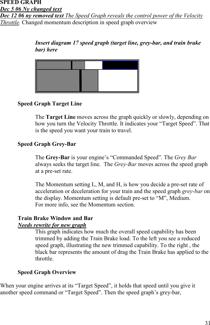   31  SPEED GRAPH Dec 5 06 y changed text Dec 12 06 ny removed text The Speed Graph reveals the control power of the Velocity Throttle. Changed momentum description in speed graph overview   Insert diagram 17 speed graph (target line, grey-bar, and train brake bar) here        Speed Graph Target Line   The Target Line moves across the graph quickly or slowly, depending on how you turn the Velocity Throttle. It indicates your “Target Speed”. That is the speed you want your train to travel.   Speed Graph Grey-Bar   The Grey-Bar is your engine’s “Commanded Speed”. The Grey Bar always seeks the target line.  The Grey-Bar moves across the speed graph at a pre-set rate.   The Momentum setting L, M, and H, is how you decide a pre-set rate of acceleration or deceleration for your train and the speed graph grey-bar on the display. Momentum setting is default pre-set to “M”, Medium.  For more info, see the Momentum section.  Train Brake Window and Bar eeds rewrite for new graph This graph indicates how much the overall speed capability has been trimmed by adding the Train Brake load. To the left you see a reduced speed graph, illustrating the new trimmed capability. To the right , the black bar represents the amount of drag the Train Brake has applied to the throttle.  Speed Graph Overview   When your engine arrives at its “Target Speed”, it holds that speed until you give it another speed command or “Target Speed”. Then the speed graph’s grey-bar, 
