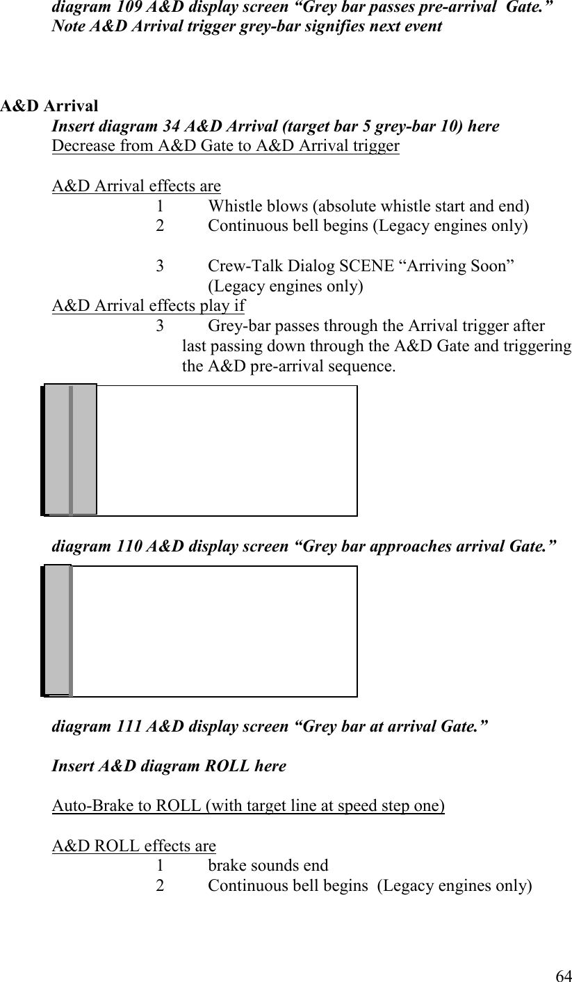   64 diagram 109 A&amp;D display screen “Grey bar passes pre-arrival  Gate.” ote A&amp;D Arrival trigger grey-bar signifies next event    A&amp;D Arrival Insert diagram 34 A&amp;D Arrival (target bar 5 grey-bar 10) here Decrease from A&amp;D Gate to A&amp;D Arrival trigger  A&amp;D Arrival effects are 1          Whistle blows (absolute whistle start and end) 2       Continuous bell begins (Legacy engines only)    3  Crew-Talk Dialog SCENE “Arriving Soon” (Legacy engines only) A&amp;D Arrival effects play if 3   Grey-bar passes through the Arrival trigger after last passing down through the A&amp;D Gate and triggering the A&amp;D pre-arrival sequence.          diagram 110 A&amp;D display screen “Grey bar approaches arrival Gate.”         diagram 111 A&amp;D display screen “Grey bar at arrival Gate.”  Insert A&amp;D diagram ROLL here  Auto-Brake to ROLL (with target line at speed step one)   A&amp;D ROLL effects are 1          brake sounds end 2       Continuous bell begins  (Legacy engines only)     