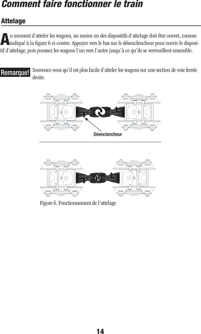 14Comment faire fonctionner le trainAttelageAu moment d’atteler les wagons, au moins un des dispositifs d&apos;attelage doit être ouvert, comme indiqué à la ﬁgure 6 ci-contre. Appuyez vers le bas sur le désenclencheur pour ouvrir le disposi-tif d’attelage, puis poussez les wagons l’un vers l’autre jusqu’à ce qu’ils se verrouillent ensemble.Souvenez-vous qu’il est plus facile d’atteler les wagons sur une section de voie ferrée droite.DéenclencheurFigure 6. Fonctionnement de l&apos;attelageRemarque!