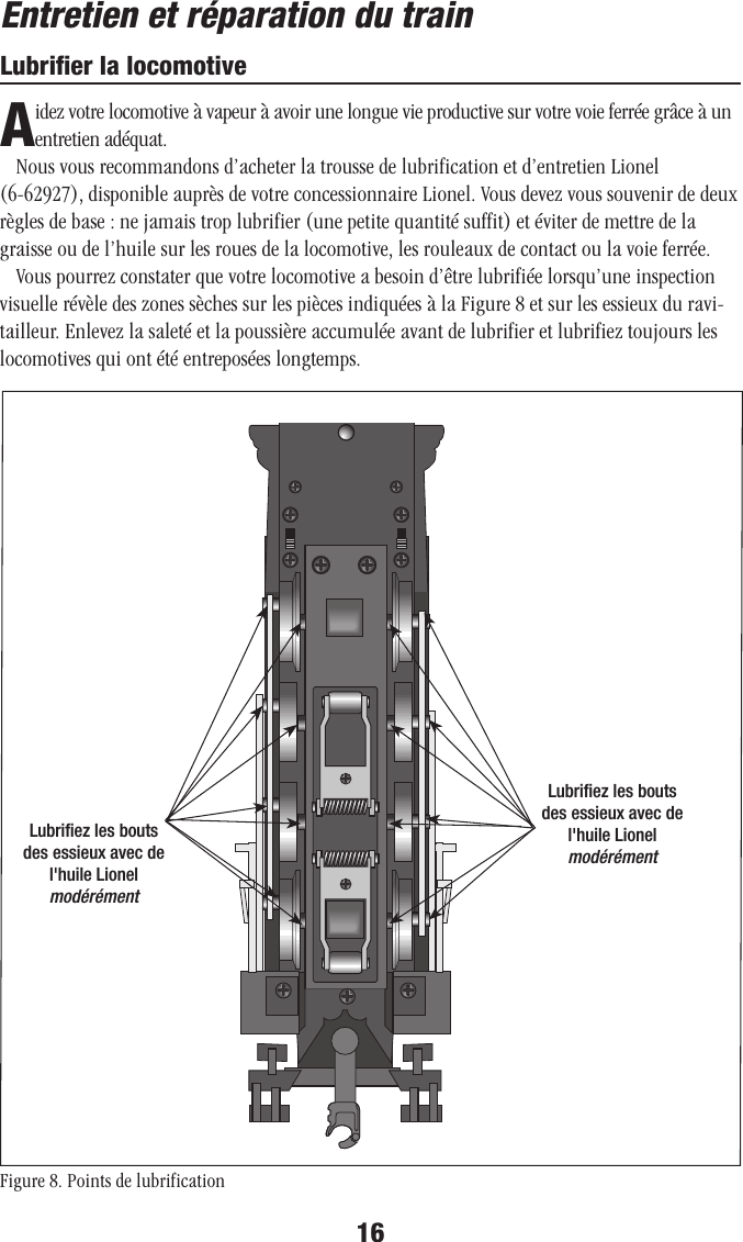 16Entretien et réparation du trainLubriﬁer la locomotiveAidez votre locomotive à vapeur à avoir une longue vie productive sur votre voie ferrée grâce à un entretien adéquat.Nous vous recommandons d’acheter la trousse de lubrification et d’entretien Lionel (6-62927), disponible auprès de votre concessionnaire Lionel. Vous devez vous souvenir de deux règles de base : ne jamais trop lubrifier (une petite quantité suffit) et éviter de mettre de la graisse ou de l’huile sur les roues de la locomotive, les rouleaux de contact ou la voie ferrée.Vous pourrez constater que votre locomotive a besoin d’être lubrifiée lorsqu’une inspection visuelle révèle des zones sèches sur les pièces indiquées à la Figure 8 et sur les essieux du ravi-tailleur. Enlevez la saleté et la poussière accumulée avant de lubrifier et lubrifiez toujours les locomotives qui ont été entreposées longtemps. Figure 8. Points de lubrificationLubriﬁez les bouts des essieux avec de l&apos;huile Lionel modérémentLubriﬁez les bouts des essieux avec de l&apos;huile Lionel modérément