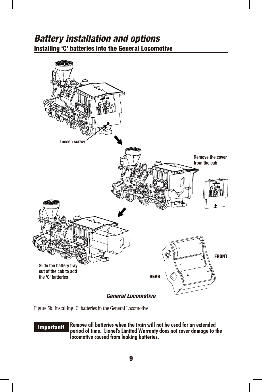 Battery installation and optionsInstalling ‘C’ batteries into the General LocomotiveGeneral LocomotiveFigure 5b. Installing ‘C’ batteries in the General Locomotive             Remove all batteries when the train will not be used for an extended             period of time.  Lionel&apos;s Limited Warranty does not cover damage to the              locomotive caused from leaking batteries.9Important!Loosen screwRemove the cover from the cabSlide the battery tray out of the cab to add the &apos;C&apos; batteriesFRONTREAR