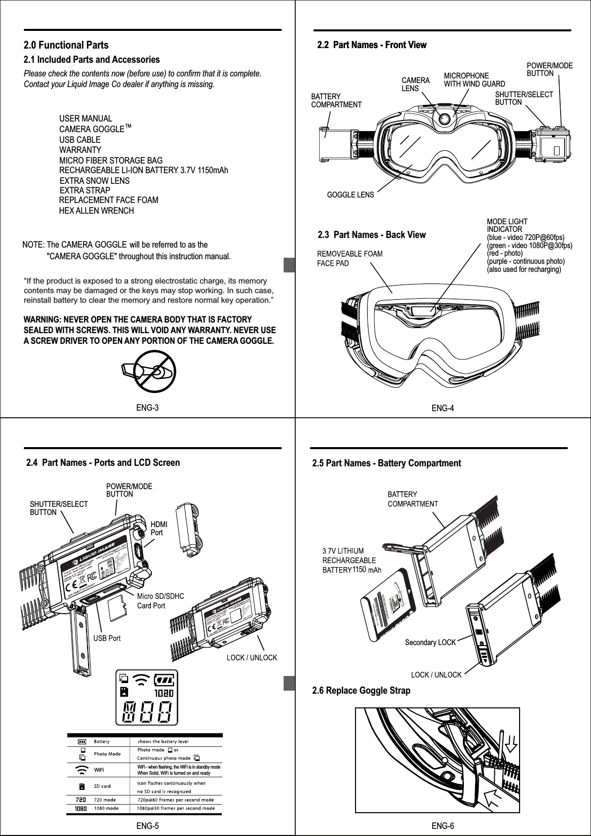 ENG-3TM2.0 Functional Parts2.1 Included Parts and AccessoriesPlease check the contents now (before use) to confirm that it is complete. Contact your Liquid Image Co dealer if anything is missing.USER MANUALCAMERA GOGGLEUSB CABLEWARRANTYMICRO FIBER STORAGE BAGRECHARGEABLE LI-ION BATTERY 3.7V 1150mAh   EXTRA SNOW LENS EXTRA STRAPNOTE: The CAMERA GOGGLE will be referred to as the "CAMERA GOGGLE" throughout this instruction manual.WARNING: NEVER OPEN THE CAMERA BODY THAT IS FACTORYSEALED WITH SCREWS. THIS WILL VOID ANY WARRANTY. NEVER USE A SCREW DRIVER TO OPEN ANY PORTION OF THE CAMERA GOGGLE.TM&ldquo;If the product is exposed to a strong electrostatic charge, its memory contents may be damaged or the keys may stop working. In such case, reinstall battery to clear the memory and restore normal key operation.&rdquo; REPLACEMENT FACE FOAMHEX ALLEN WRENCHENG-32.2  Part Names - Front View2.3  Part Names - Back ViewCAMERALENSPOWER/MODEBUTTONSHUTTER/SELECTBUTTONBATTERYCOMPARTMENTGOGGLE LENS2.2  Part Names - Front ViewMICROPHONEWITH WIND GUARDENG-4MODE LIGHT INDICATOR(blue - video 720P@60fps)(green - video 1080P@30fps)(red - photo)(purple - continuous photo)(also used for recharging)2.4  Part Names - Ports and LCD ScreenENG-5POWER/MODEBUTTONSHUTTER/SELECTBUTTONHDMI Port Secondary LOCK 2.5 Part Names - Battery Compartment2.6 Replace Goggle Strap1150ENG-6WiFi - when flashing, the WiFi is in standby modeWhen Solid, WiFi is turned on and readyWiFi