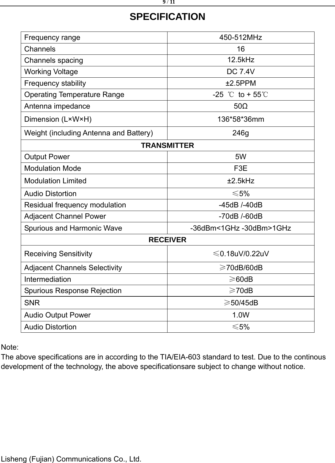  9 / 11  Lisheng (Fujian) Communications Co., Ltd.               SPECIFICATION  Frequency range  450-512MHz Channels 16 Channels spacing  12.5kHz Working Voltage  DC 7.4V Frequency stability  &plusmn;2.5PPM Operating Temperature Range     -25 ℃ to + 55℃ Antenna impedance  50Ω Dimension (L&times;W&times;H)    136*58*36mm Weight (including Antenna and Battery)    246g TRANSMITTER Output Power  5W Modulation Mode    F3E Modulation Limited    &plusmn;2.5kHz Audio Distortion  &le;5% Residual frequency modulation  -45dB /-40dB Adjacent Channel Power  -70dB /-60dB Spurious and Harmonic Wave  -36dBm<1GHz -30dBm>1GHz RECEIVER Receiving Sensitivity    &le;0.18uV/0.22uV Adjacent Channels Selectivity  &ge;70dB/60dB Intermediation  &ge;60dB Spurious Response Rejection  &ge;70dB SNR  &ge;50/45dB Audio Output Power  1.0W Audio Distortion  &le;5%  Note: The above specifications are in according to the TIA/EIA-603 standard to test. Due to the continous development of the technology, the above specificationsare subject to change without notice.         