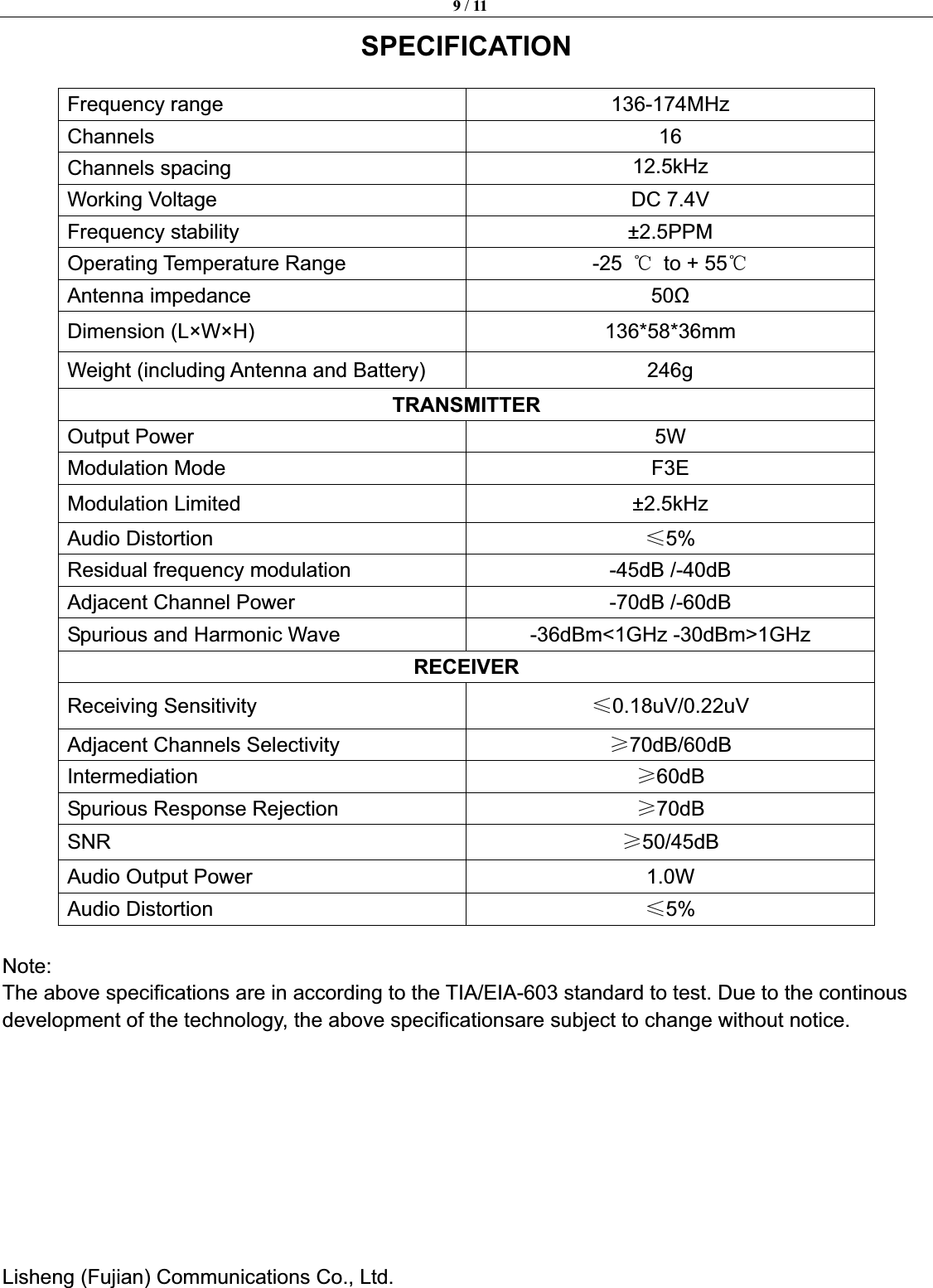 9 / 11Lisheng (Fujian) Communications Co., Ltd.               SPECIFICATIONFrequency range  136-174MHz Channels 16 Channels spacing  12.5kHzWorking Voltage  DC 7.4V Frequency stability  &plusmn;2.5PPM Operating Temperature Range     -25 ć to + 55ćAntenna impedance  50ȍDimension (L&times;W&times;H)    136*58*36mm Weight (including Antenna and Battery)    246g TRANSMITTEROutput Power  5W Modulation Mode    F3E Modulation Limited    &plusmn;2.5kHz Audio Distortion  İ5%Residual frequency modulation  -45dB /-40dB Adjacent Channel Power  -70dB /-60dB Spurious and Harmonic Wave  -36dBm<1GHz -30dBm>1GHz RECEIVERReceiving Sensitivity    İ0.18uV/0.22uV Adjacent Channels Selectivity  ı70dB/60dBIntermediation ı60dBSpurious Response Rejection  ı70dBSNR ı50/45dBAudio Output Power  1.0W Audio Distortion  İ5%Note:The above specifications are in according to the TIA/EIA-603 standard to test. Due to the continous development of the technology, the above specificationsare subject to change without notice. 